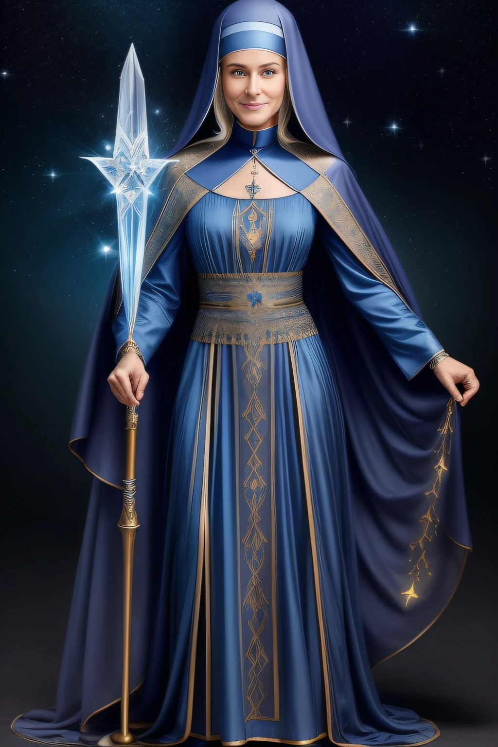 Master, Woman, 60 years old with an outfit like a nun's outfit with the outfit all embroidered with crystal stones, a blue tunic, with a crystal sword, with a star necklace on her chest, lit, smiling, long blonde hair of Arcturus, extraterrestrial, like a fairy