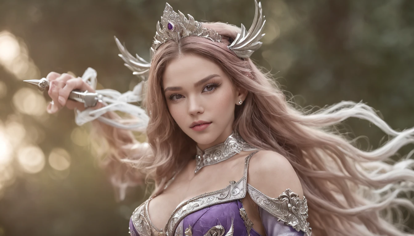 (masutepiece), professional , tmasterpiece、top-quality、Photos realistic , depth of fields ,(Wind element),Tornado,Lightning,(Jewel silver metal body:1.9),(Matte white、 gold weapon_(metal:1.4),Gorgeous metal weapon , Sword of the Brave in detail , Beautiful knife ,Giant Warhammer 40k , Adeputa Solo Ritas,Details and gorgeous jewelry crowns、Purple pink hair、Forest background of Gan Le、Beautiful Russian beauty、1One guy、dynamic ungle,(((A delicate and gorgeous diamond crown)))、Particles of Light、