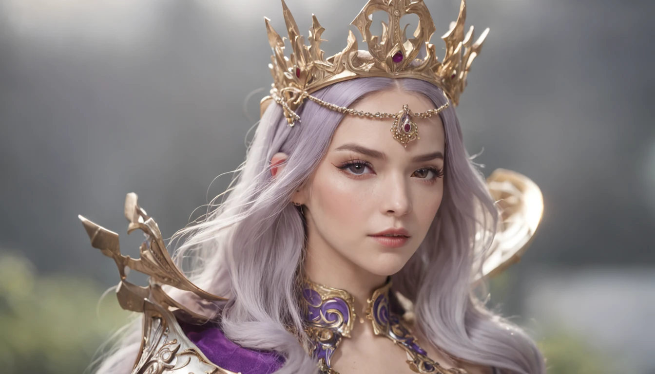 (masutepiece), professional , tmasterpiece、top-quality、Photos realistic , depth of fields ,(Wind element),Tornado,Lightning,(Jewel silver metal body:1.9),(Matte white、 gold weapon_(metal:1.4),Gorgeous metal weapon , Sword of the Brave in detail , Beautiful knife ,Giant Warhammer 40k , Adeputa Solo Ritas,Details and gorgeous jewelry crowns、Purple pink hair、Forest background of Gan Le、Beautiful Russian beauty、1One guy、dynamic ungle,(((A delicate and gorgeous diamond crown)))、Particles of Light、