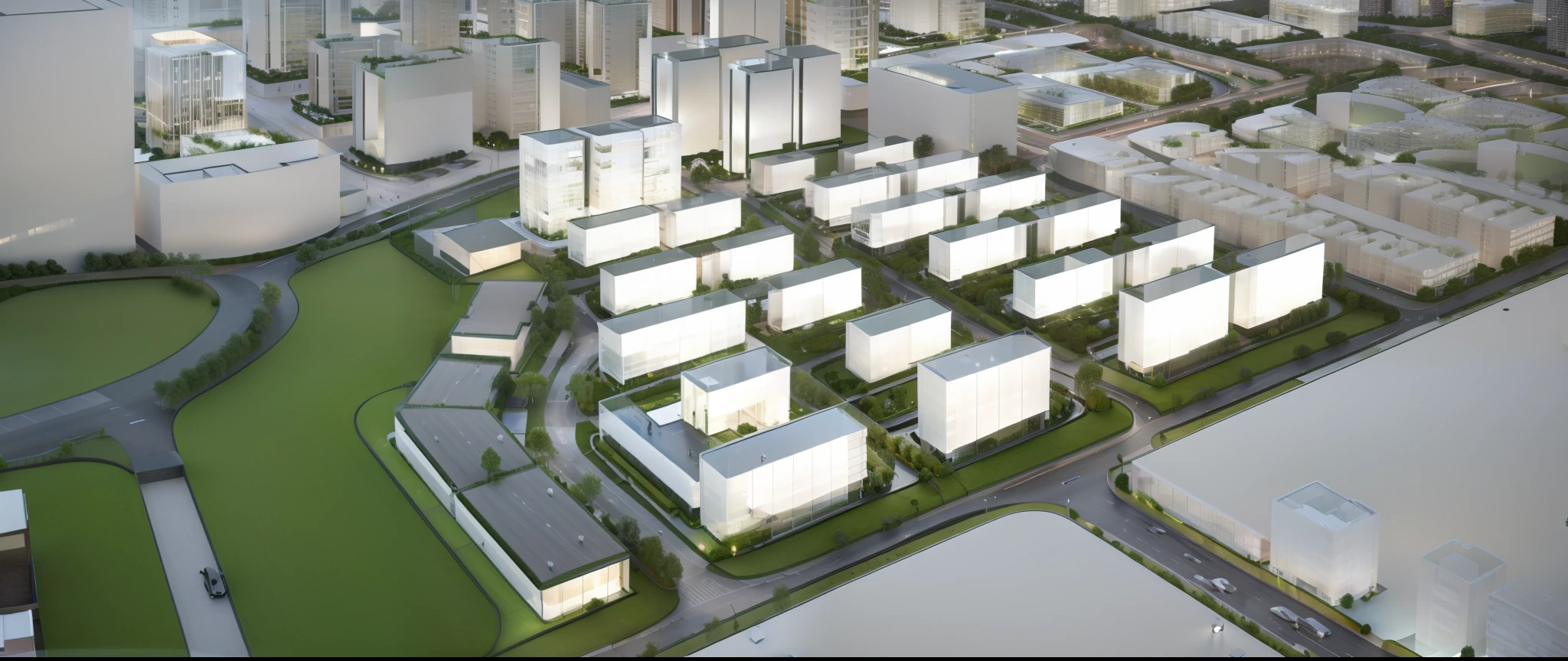 Breathtakingly realistic city design aerial view digital rendering, Designed by architectural firms such as SOM and OMA, The scene features neatly arranged residential buildings in a modern style, Residential towers in the distance provide a warm urban backdrop, The ribbon commercial block design is both practical and stylish, Create vibrant urban environments, (Professional rendering lighting，Create realistic glows), (Adopt modern urban landscape design，It has a green roof and neatly arranged street trees), Use 3D rendering software to render images in HD quality, Make it a stunning piece of modern urban design,(35mm photography)