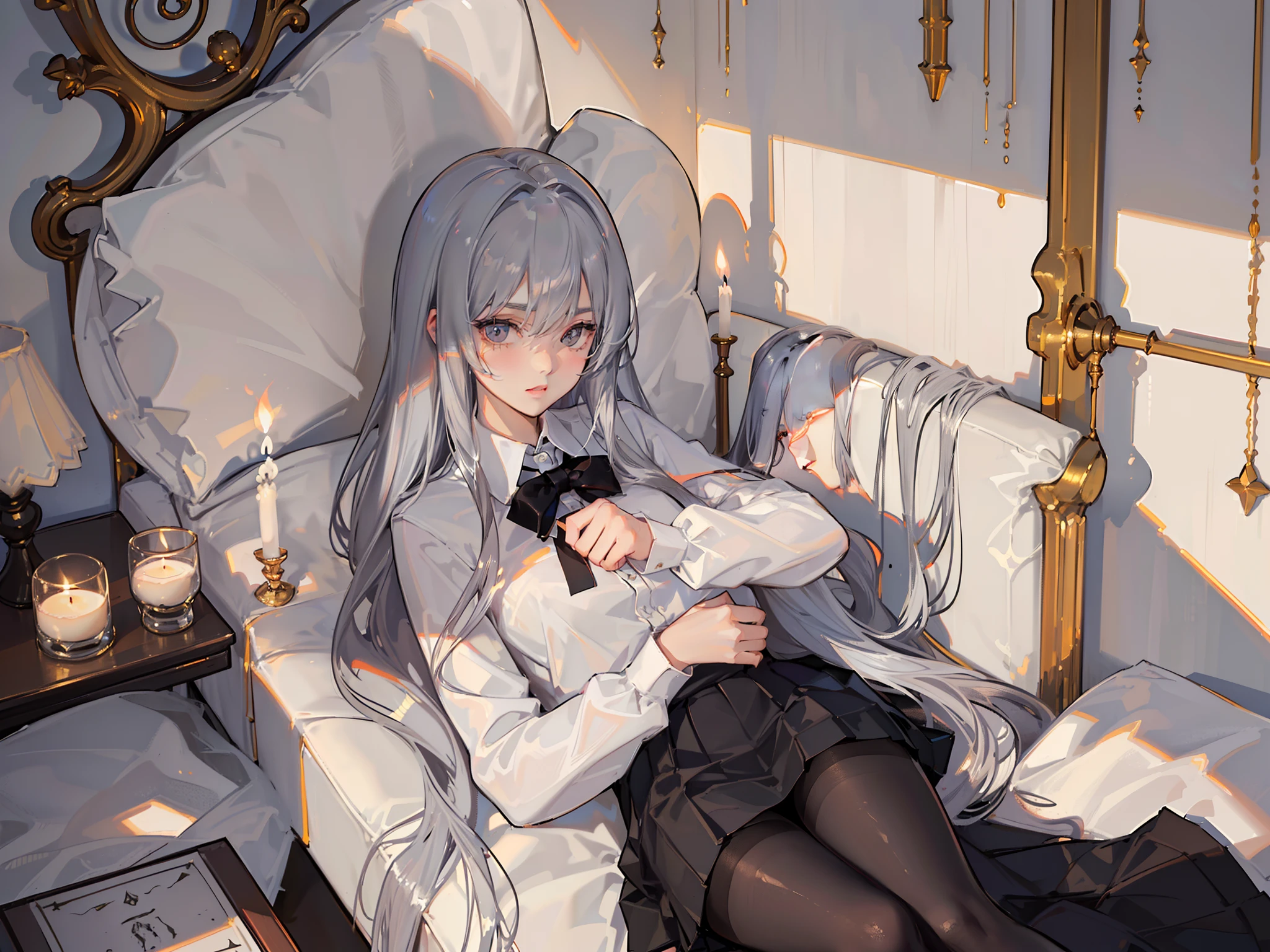 Black bed，Prime hour light and shadow，Correct limbs:2，volumettic light，Light，(((Half naked anime girl lying on sofa undressing with her hands，，Hands on the upper and lower legs of the naked body，black uniforms，black reotard，Primetime light and shadow black pantyhose)),Ray tracing,(Dim lighting，luz de velas，waxy candles),[Detailed background (Bedroom)),((Silver hair)),((Dark hair)),(((Fluffy silver hair, plump and slender girl)))golden hair，Golden Eyes Avoid seeing golden eyes in an ominous bedroom ((((Girl in white shirt, Take off your black crinkled skirt，Prime hour light and shadow，