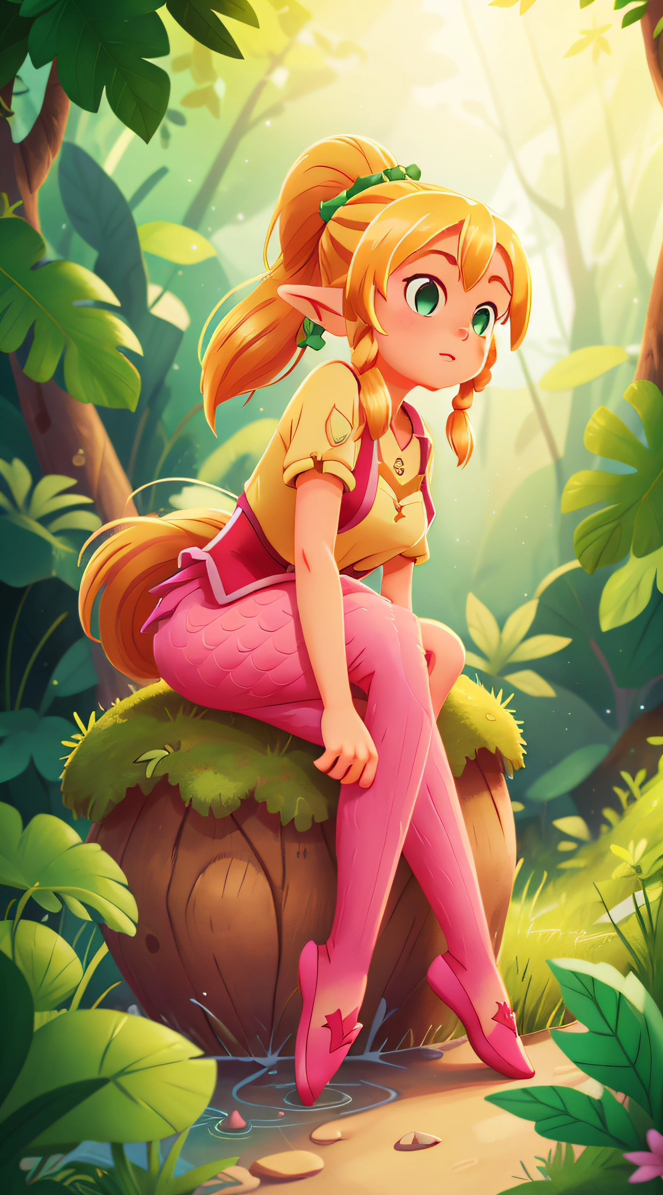 1girl,Blonde, ponytail hair, {elf}, girl, {green eyes}, leafa, mermaid pink human legs