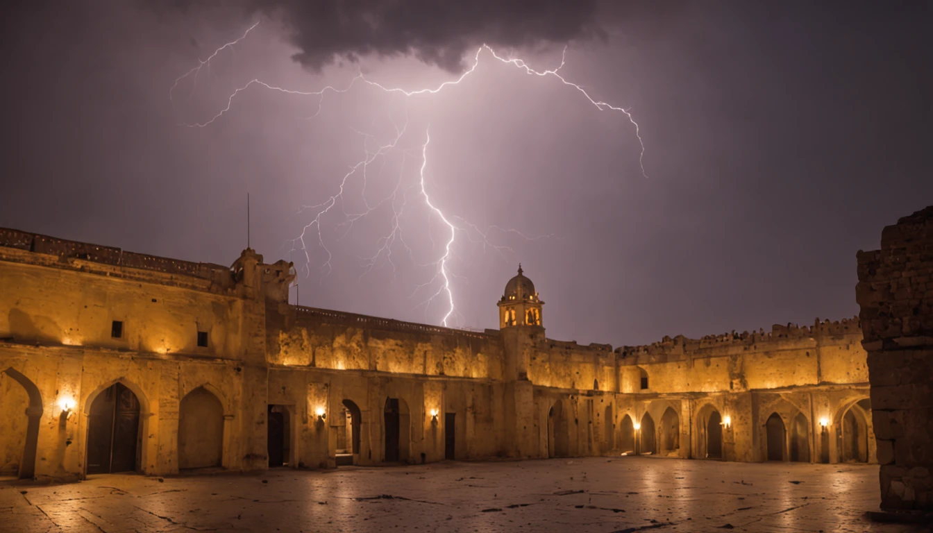 In heavy rain,Lightning,Ancient square-roofed giant walled forts(((tmasterpiece))),(((best qualtiy))(ultra - detailed)(Realistic painting)(Detailed lighting)((deep in the night))(tmasterpiece)(best qualtiy)(ultra - detailed)(Realistic painting),(Detailed light),((An extremely exquisite and beautiful castle complex),((salama)),Lightning surrounds the castle complex,Lightning,People turn on their backs,