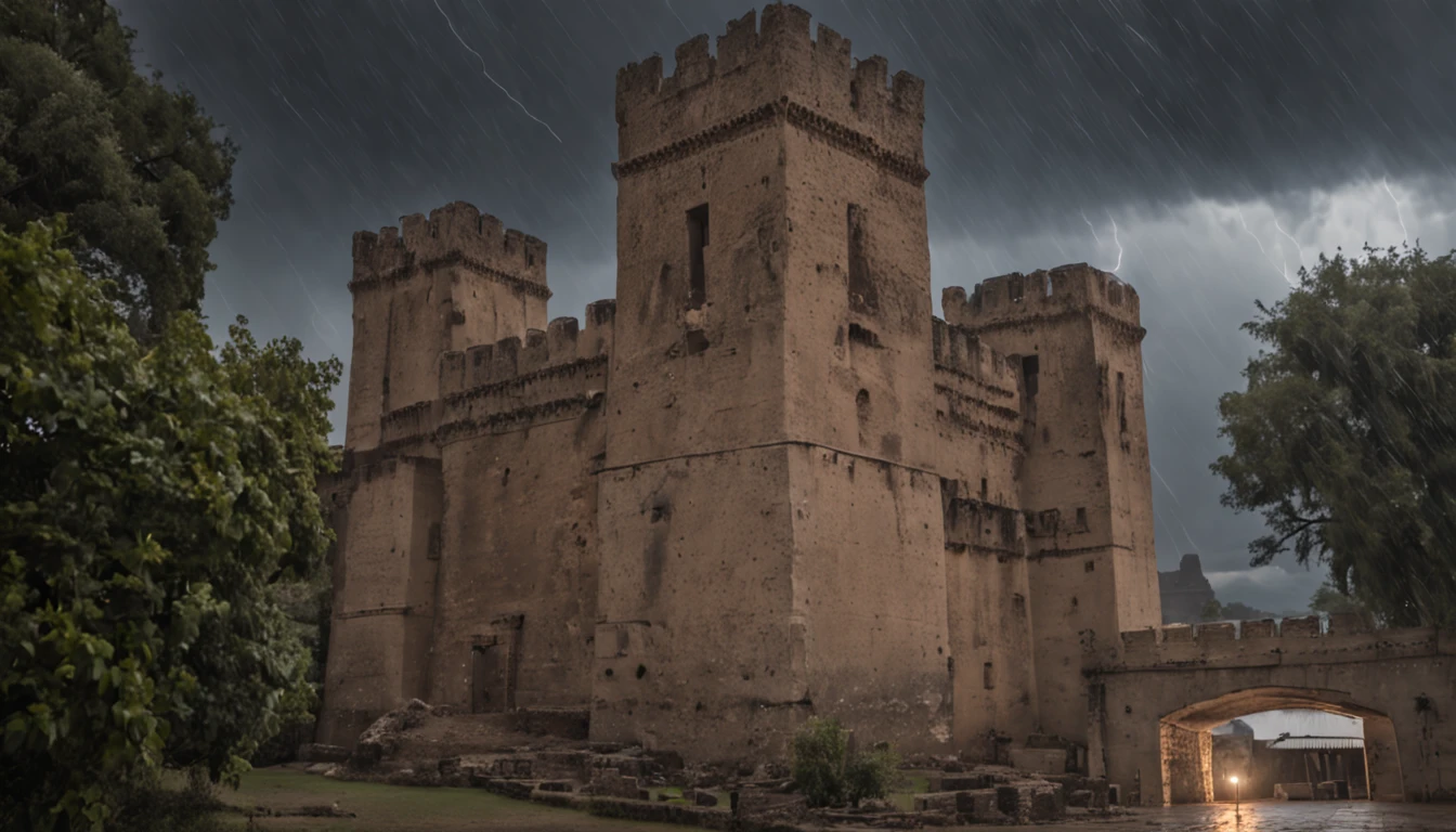 In heavy rain，Lightning，Ancient square-roofed giant walled forts（（（tmasterpiece））），（（（best qualtiy））（ultra - detailed）（Realistic painting）（Detailed lighting）（（deep in the night））（tmasterpiece）（best qualtiy）（ultra - detailed）（Realistic painting），（Detailed light），（（An extremely exquisite and beautiful castle complex），（（salama）），Lightning surrounds the castle complex，Lightning，People turn on their backs，