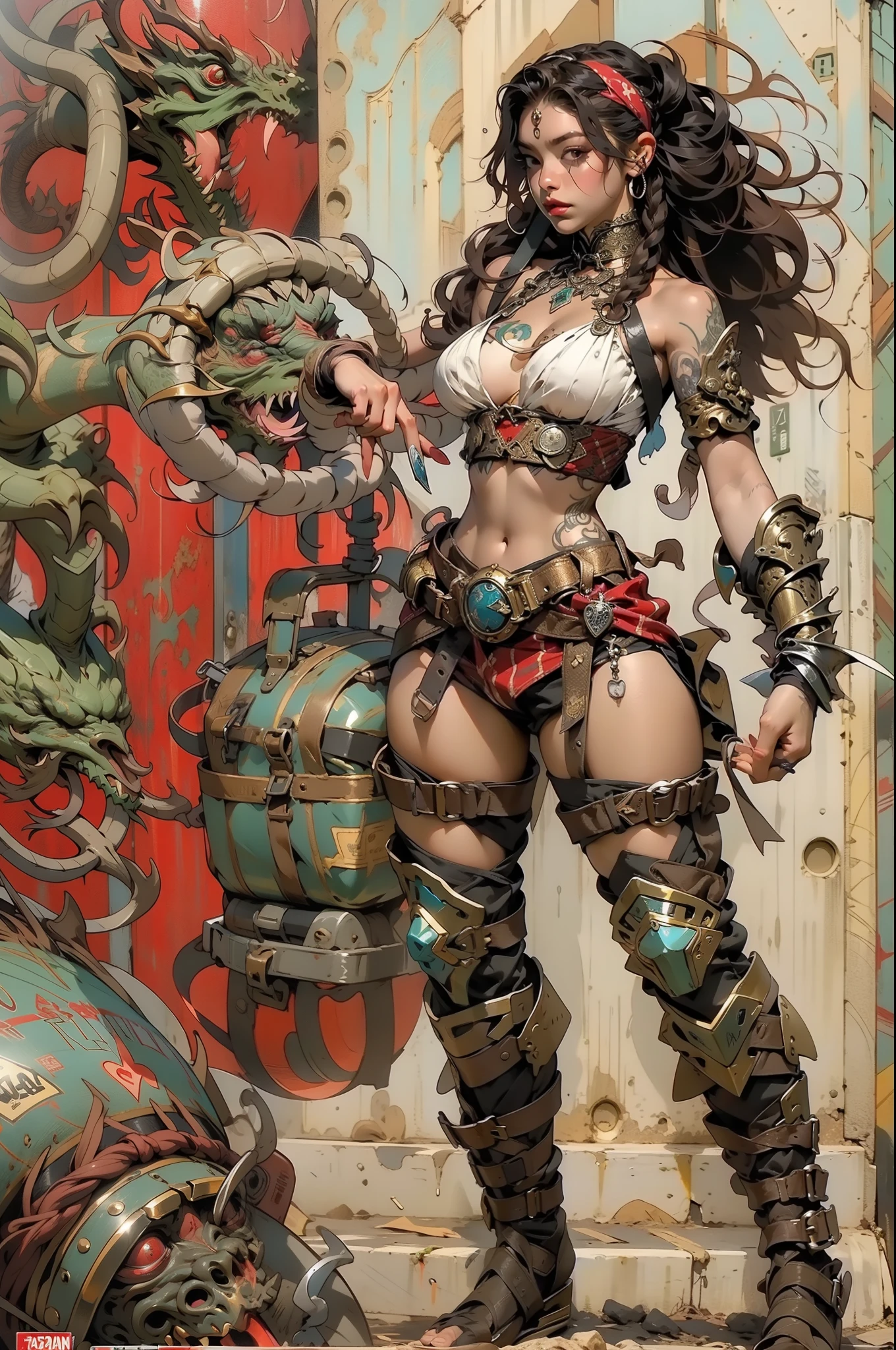 (((mulher))), (((melhor qualidade))), (((obra prima))), (((adulta))), Uma guerreira steampunk mulher de 35 anos com corpo perfeito, Brooklyn Gladiators, (( under boobs )), (((capuz vermelho))), quase nua no estilo selvagem urbano de Simon Bisley para a capa da revista Heavy Metal, cabelo verde, Minimum clothing, red and white checkered pattern, armadura, cheio de pontas e rebites, tatuagem tribal, (((do joelho pra cima))), cabelo verde desalinhado