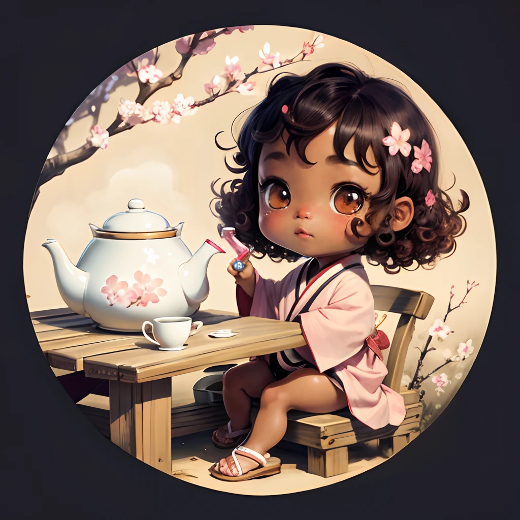 Cute brown skinned  chibi anime, with freckles,white and pink kimono, in a teapot, drink tea, curly black hair, in a frame, full body, wear sandals, swim in a teapot, cherry blossom