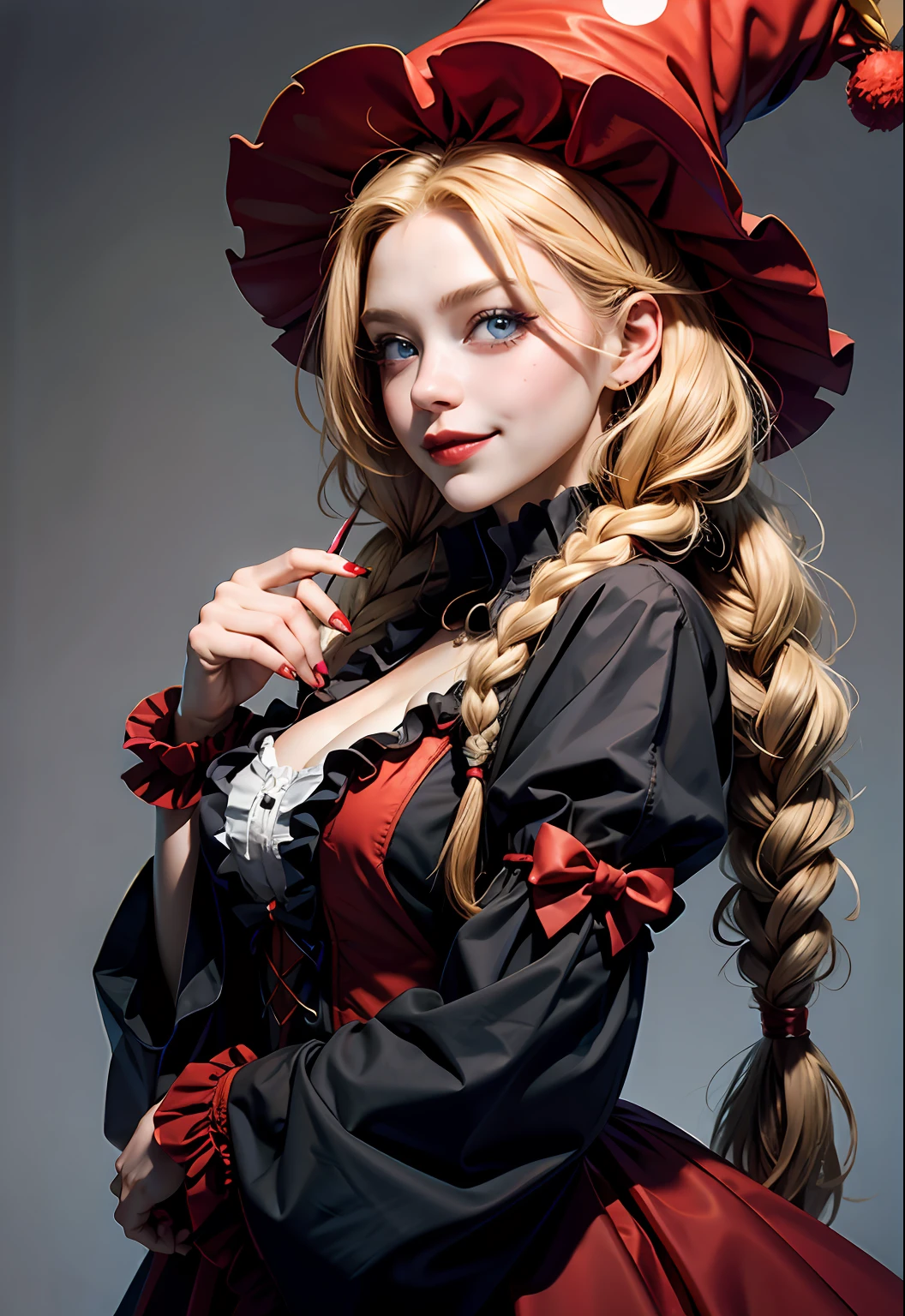 Top quality，movie atmosphere，cinematic details。Clown Girl，Q-word playing cards，A very beautiful blonde woman，Two braids，Wear a clown hat，eBlue eyes，A confident smile。 Dressed in black and red clown costumes，Various expressions