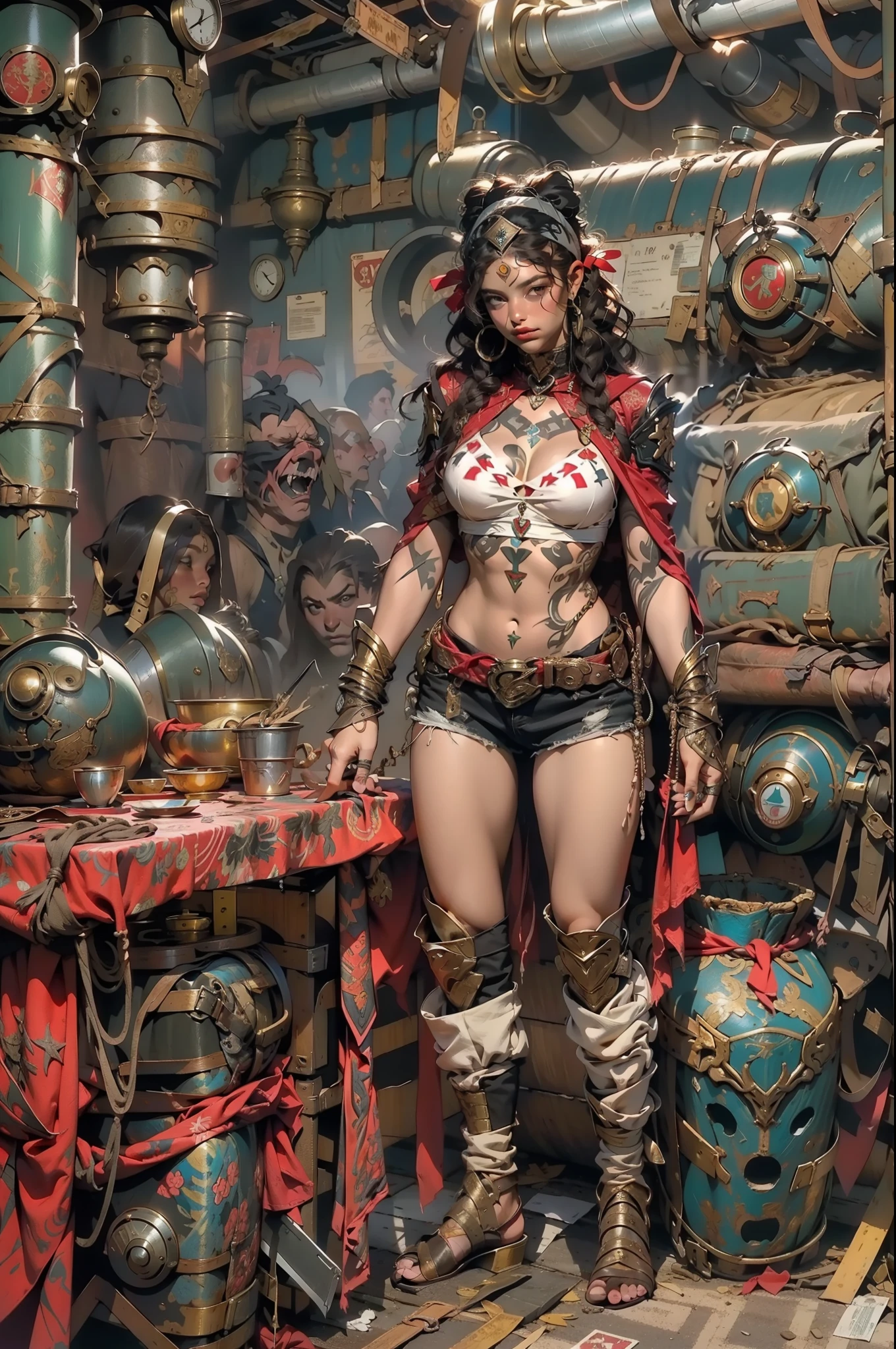 (((mulher))), (((melhor qualidade))), (((obra prima))), (((adulta))), Uma guerreira steampunk mulher de 35 anos com corpo perfeito, Brooklyn Gladiators, (( under boobs )), (((capuz vermelho))), quase nua no estilo selvagem urbano de Simon Bisley para a capa da revista Heavy Metal, cabelo verde, Minimum clothing, red and white checkered pattern, armadura, cheio de pontas e rebites, tatuagem tribal, (((do joelho pra cima))), cabelo verde desalinhado