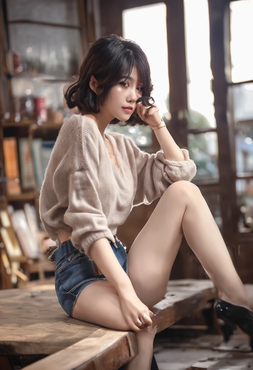 (top-quality、8K、32K、masterpiece、nffsw:1.2)、Photo of a cute Japanese woman、large full breasts、very short bobbed hair、Hands on the kitchen counter、sexypose、sface focus、Wear a fairly light sweater、a necklace、simple background、from back view、opening legs、beauty legs、Beautiful pubic area、References、mortal kombat