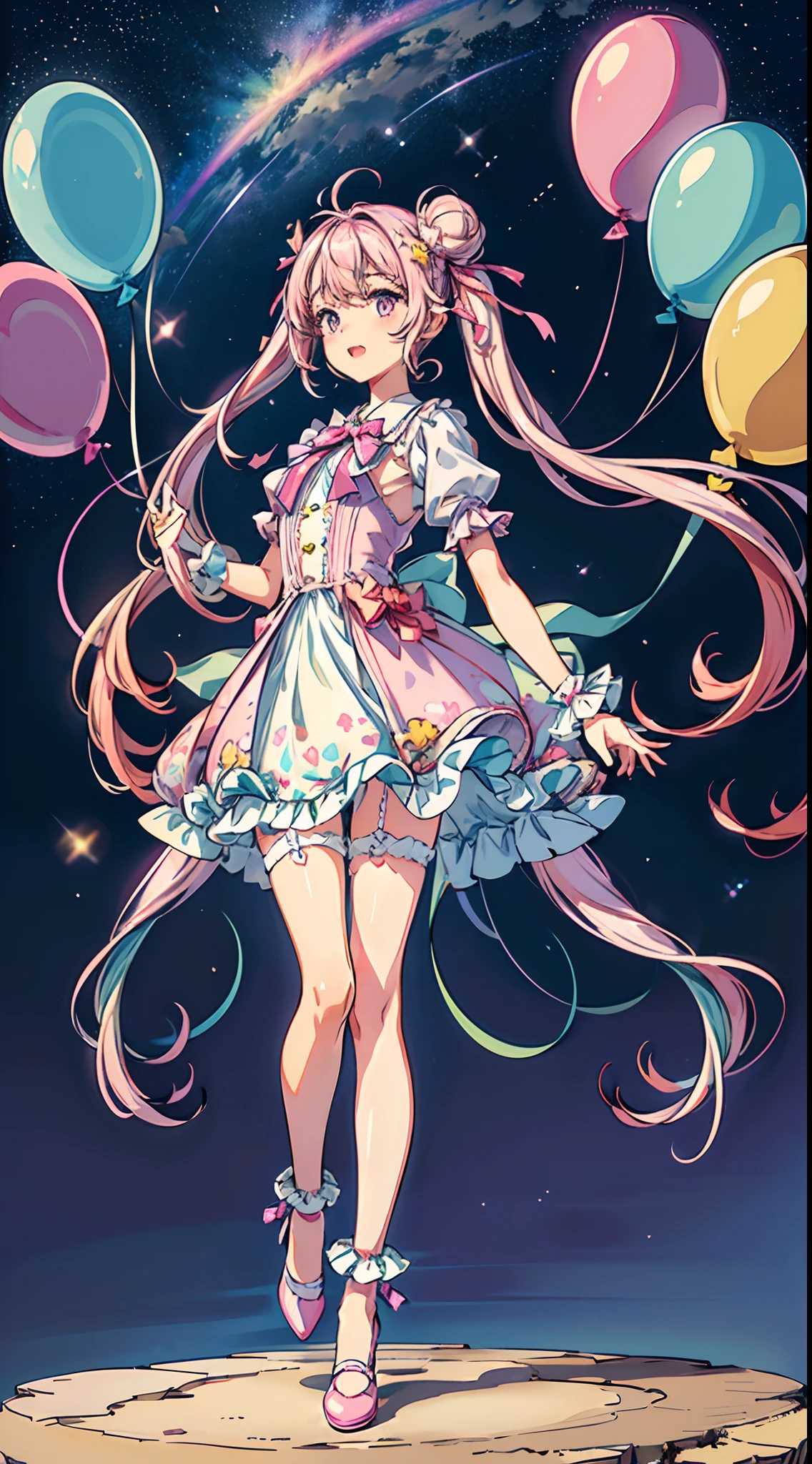 (fullbody, legs and shoes visible: 1.2)) expressive eyes, 1girl, pale skin, long hair, windblown hair, ((absurdly long hair)), long sidelocks, hime bangs, hair fringe, hair bun, ((very long twintails)), iridescent hair, light pink hair, blushing, full face blushing, big sparkling pastel purple eyes, (gradient eyes), open mouth smile, cute pose, ((holding balloons : 1.3)) 
((cute and pastel fashion)) ((🦄🎠🎈🎉 theme : 1.4)) flowy pastel dress, ((dreamy multicolored open dress)), (floating ribbons), lavender ruffles, pink frills, (light blue lace), detached short sleeves, puffy skirt, ((rainbows and stars print skirt : 1.3)), lolita skirt, purple bows, ((pompon ribbons hair ornament : 1.4)), multiple bows, striped lace stockings, (heart shaped leg garter), cute (pastel purple) shoes ((hyperdetailed clothing and fashion)) looking at you, vintage girl, blushing, (beautiful detailed eyes), (extremely detailed CG unity 8k wallpaper) (best shadow), ((an extremely delicate and beautiful)), (detailed light), ((depth of field)) big head, big sparkling eyes, moe, splash art, cinematic lighting, frontal view, volumetric lighting maximalist photo illustration 64k resolution high res intricately detailed complex key visual precise linear 
((in the dreamy pastel sky background, surrounded by sunset clouds, shooting stars, castles in the clouds)) ((hyperdetailed scenery, foggy clouds, suspended by balloons, hearts : 1.3))