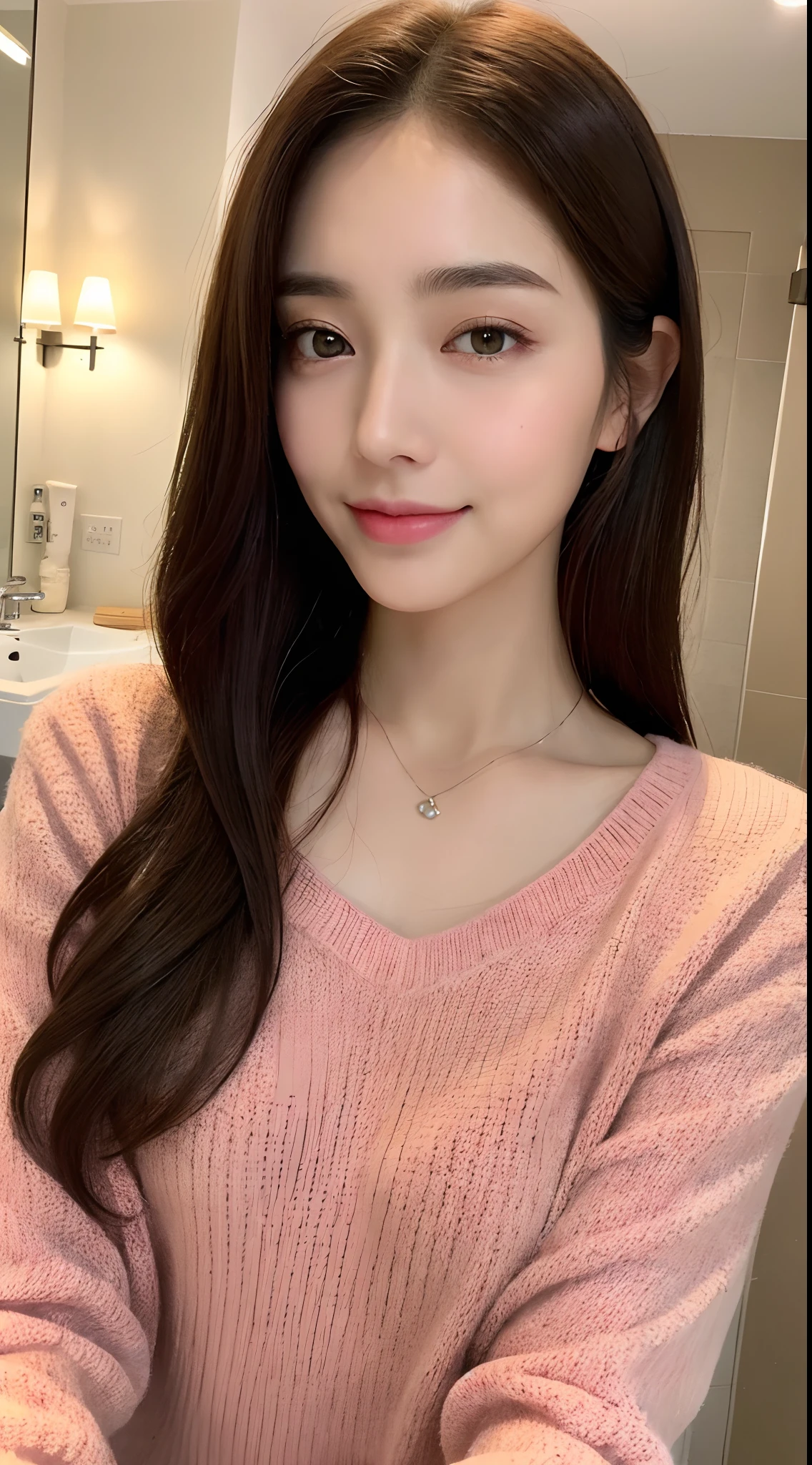 ((Night, Realistic Light, Best Quality, 8K, Masterpiece: 1.3)), 1girl, Slim Beauty: 1.4, Abs: 1.1, (Brown hair, Medium breasts: 1.3), Long pink sweater: 1.1, Bathroom, Super fine face, Delicate eyes, Double eyelids, smile, necklace