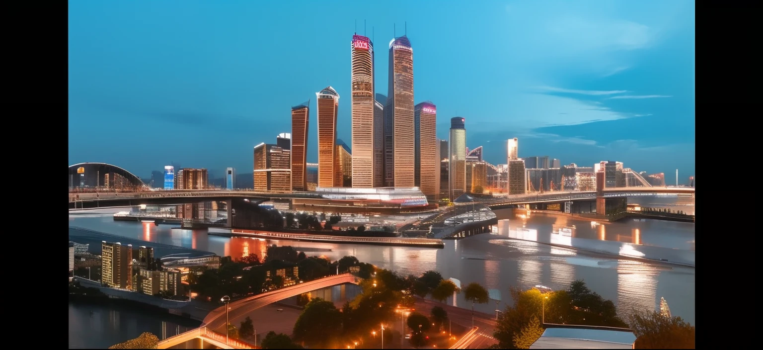 City skyline with great views of rivers and bridges, Beautiful city,, Raffles City Chongqing, A shocking cloud of fire appeared in the sky