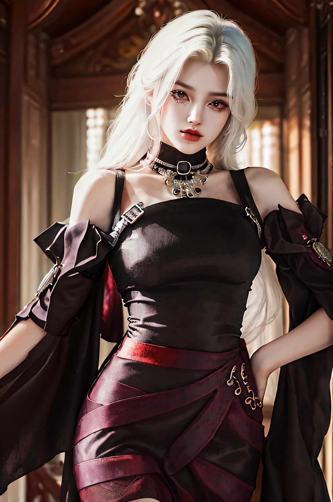 (tmasterpiece,best qualtiy), Complicated details, (best qualtiy)), ((tmasterpiece)), ((Realistis)), (ultra-realistic realism:1.2), (s fractal art:1.2), solo person,woman,suspender stockings,full bodyesbian, Bigchest,nedium breasts,Bismarck, red eyes, Elbow pads, a skirt, Off-the-shoulder dress,hall, Eyes of extreme detail, rich colourful, highest details, vivd colour, hight contrast, (8K UHD:1.2), (realisticlying:1.2)