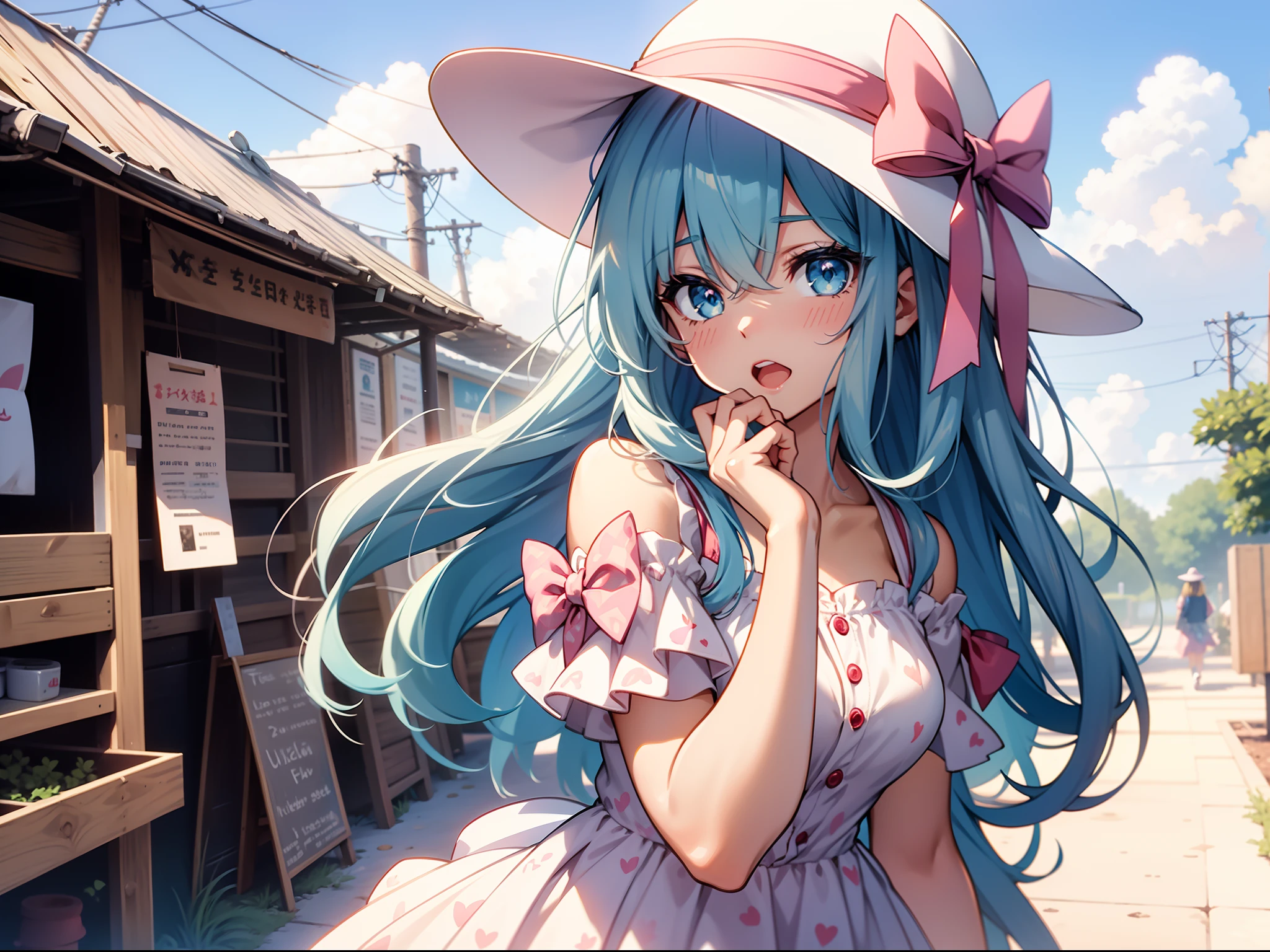 1girl, {{{HDR, RTX, UHD, 8K}}} {{{{1980s anime style:1.2}}}}, bangs, blue eyes, blue hair, blue_sky, blush, bow, cloud, collarbone, day, dress, eyebrows visible through hair, ruffles, handmade, headdress, hat, hat bow, long hair, looking through the lens, open mouth, outdoors, pink bow, pink ribbon, sky, solo, printed bunny, printed toy, sun hat, white dress