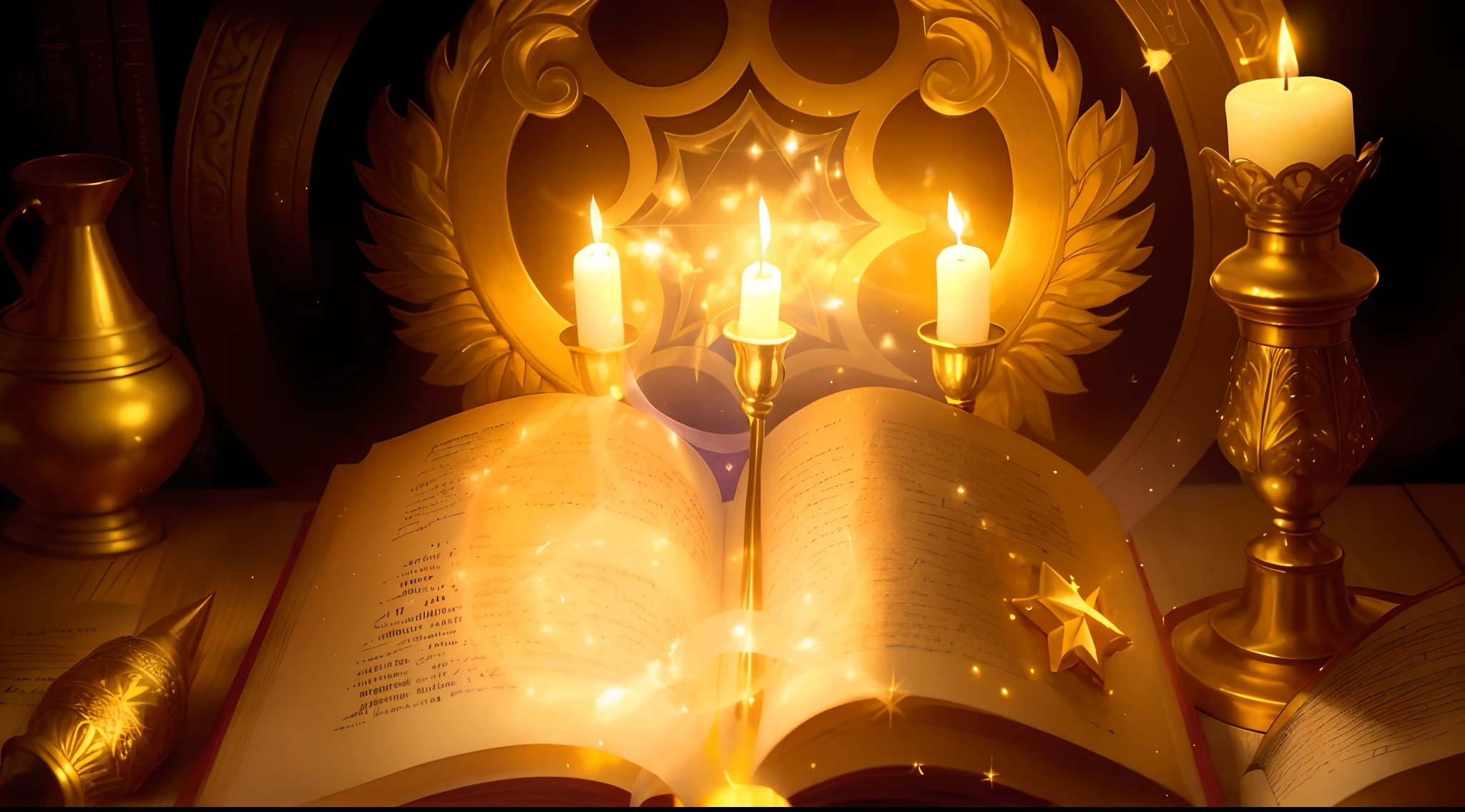 The candles are lit in a gold-framed book, open magic book glowing, magic book, Iluminado com velas, black magic spells, holy fire spell art, spell book, spell casting wizard, holy flame spell, spell casting, spells magic, Completo - Vista, Spells and magical weapons, biblical art lighting, captura de tela de alta qualidade, em vestes escuras com detalhes dourados