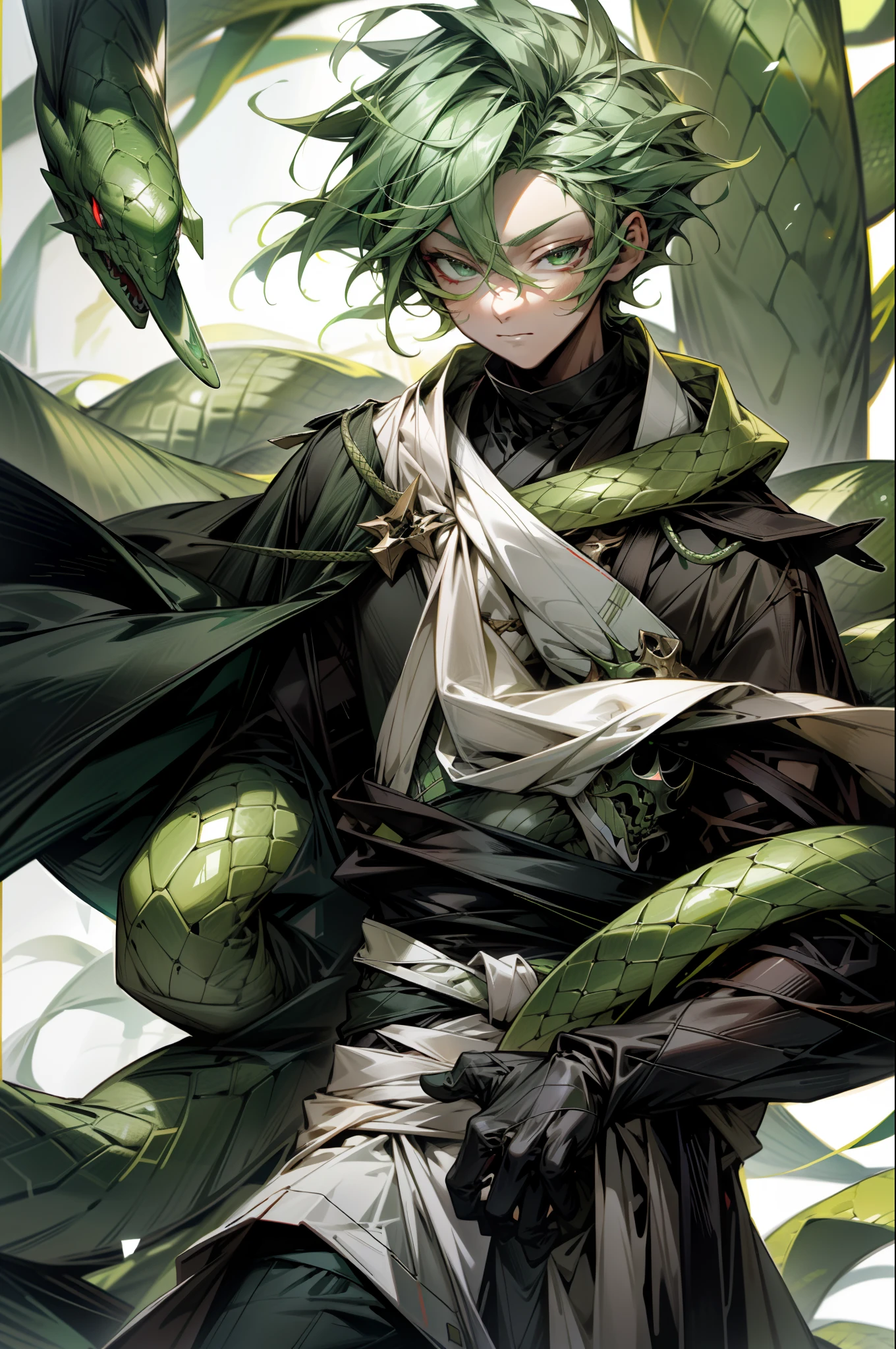 A boy，Green hair，The shoulders are wrapped around green snakes，red color eyes，white  clothes