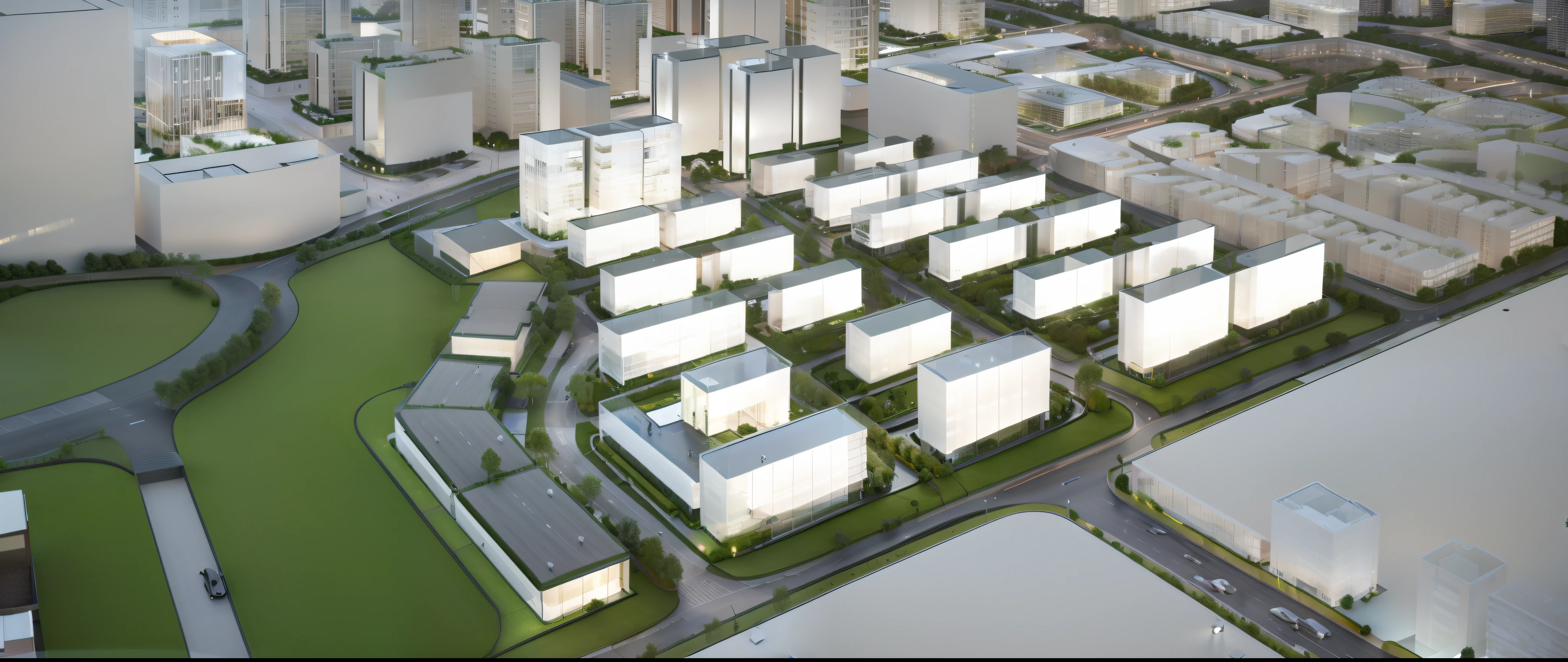Breathtakingly realistic city design aerial view digital rendering, Designed by architectural firms such as SOM and OMA, The scene features neatly arranged residential buildings in a modern style, Residential towers in the distance provide a warm urban backdrop, The ribbon commercial block design is both practical and stylish, Create vibrant urban environments, (Professional rendering lighting，Create realistic glows), (Adopt modern urban landscape design，It has a green roof and neatly arranged street trees), Use 3D rendering software to render images in HD quality, Make it a stunning piece of modern urban design,(35mm photography)