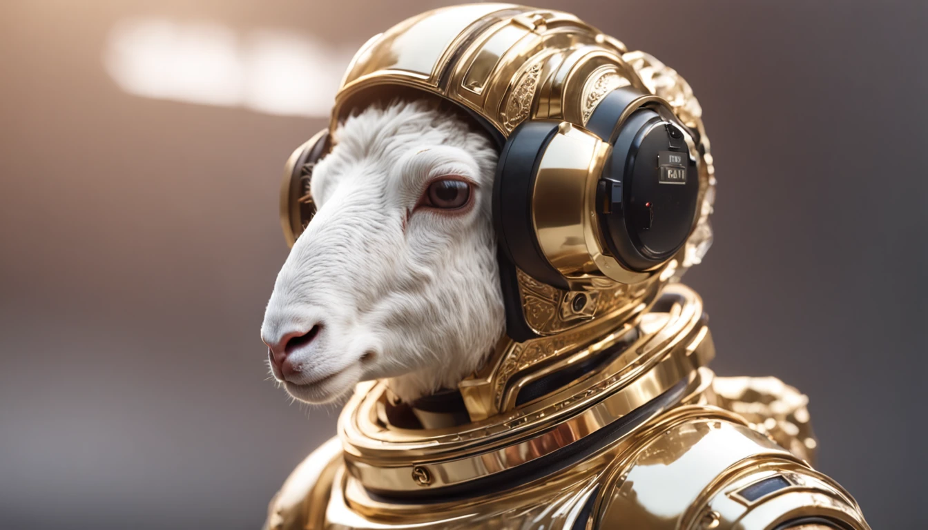 Ghost Golden Sheep wearing a futuristic golden spacesuit，Wear reflective black sunglasses，bust，the sideview，plethora of colors，High purity shades，unreal-engine，cg render，超高分辨率，8K HD mural，Movie special effects，Ray traching，particle fx，dingdall effect，The Rembrandt effect，high-definition picture quality，Detail portrayal，The texture is delicate，complexdetails，Satisfied emotions。