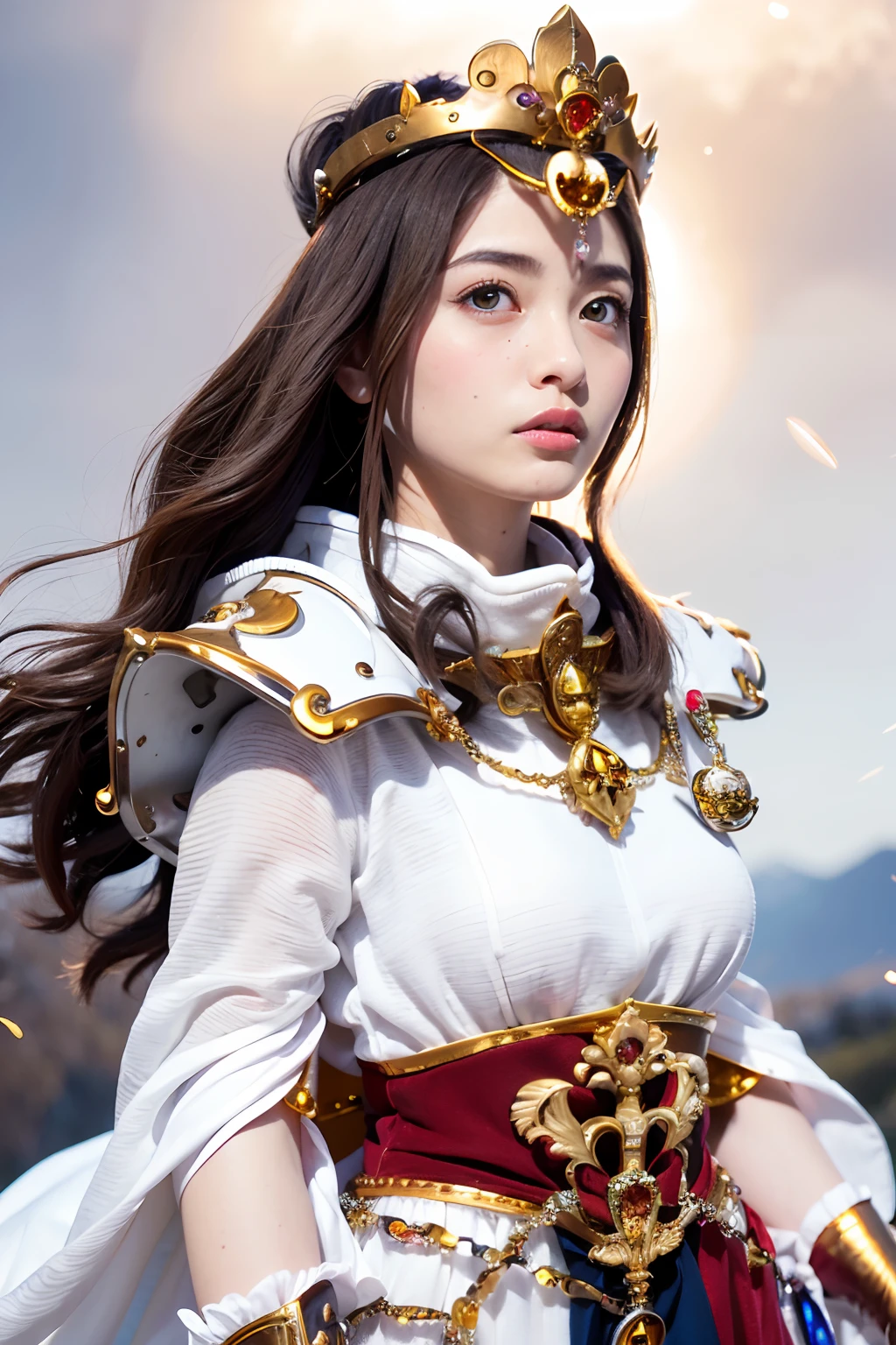 (masutepiece), Professional , masterpiece、top-quality、photos realistic , depth of fields ,(Wind element),tornado,Lightning,(Gemstone Silver Jewel Body:1.9),(Matte White、Jewel Gold Weapon_(Metal:1.4),Gorgeous Jewel Metal Weapons , Detailed Sword of the Brave , Beautiful knife ,warhammer 40k , adepta sororitas,Detail and ornate jewel crown、Brown hair、Gangle's forest background、Beautiful Caucasian beauty、1a person、dynamic ungle,(((Detailed and ornate diamond crown)))、Particles of light、