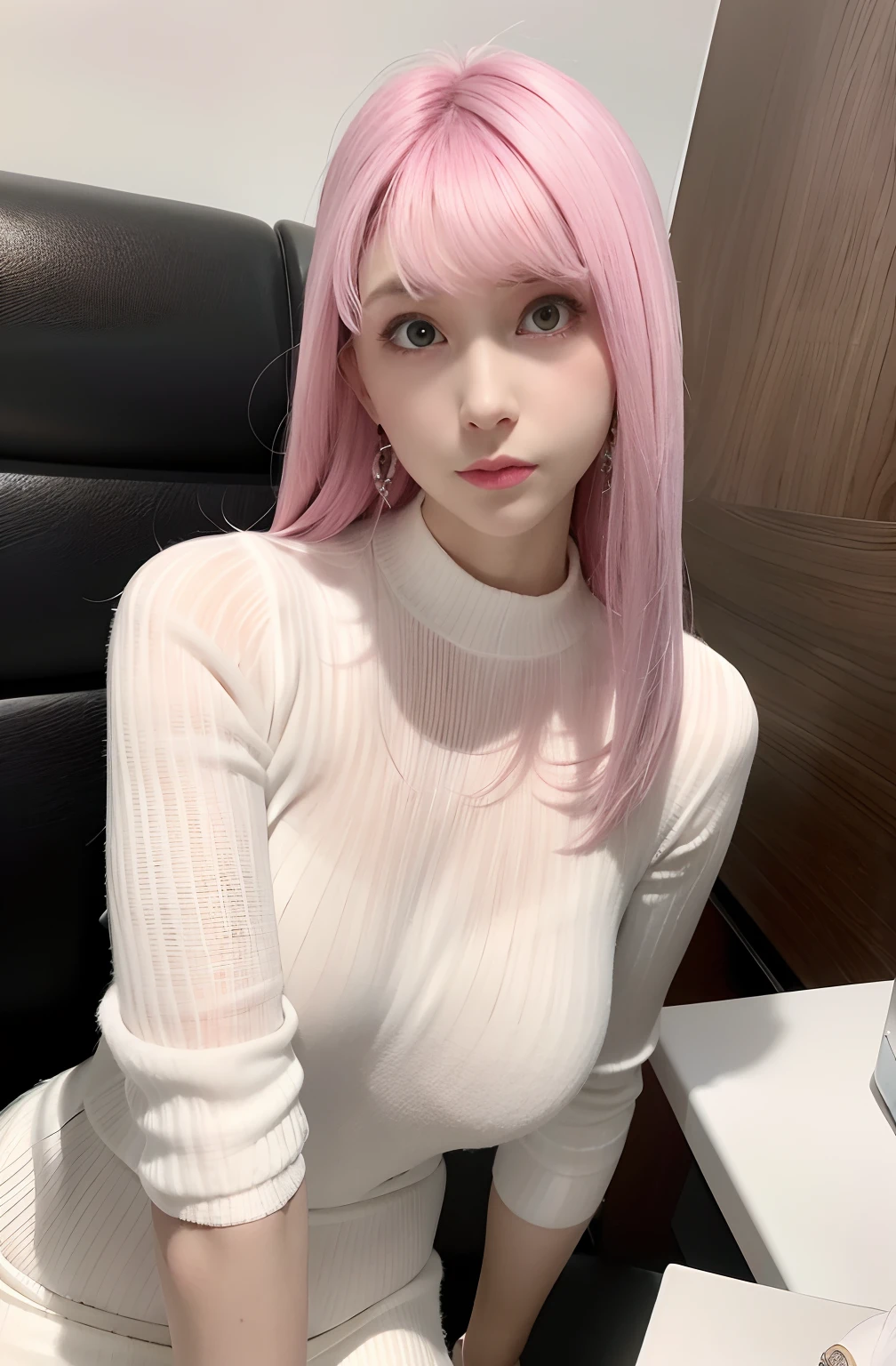 Pink haired woman sitting in chair in white sweater, belle delphine, white hime cut hairstyle, pink straight hair, ulzzangs, cute girl with short pink hair, ((Pink)), pink pastels, with pink hair, smooth white tight clothes suit, Light pink hair, (in pink), Pink girl, sakimi chan, Smooth pink skin
