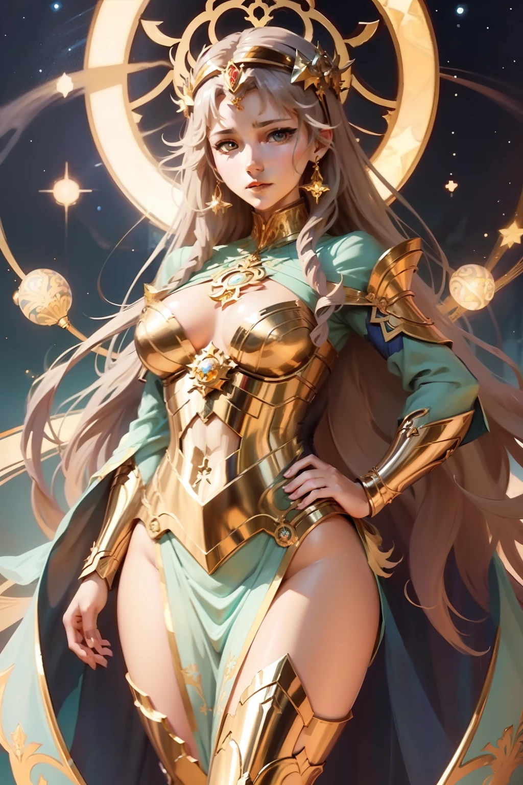arafed image of a woman with a star in her hands, alphonse mucha and rossdraws, mucha style 4k, artgerm mucha, korean art nouveau anime, portrait knights of zodiac girl, goddess. extremely high detail, anime fantasy illustration, detailed digital anime art, gorgeous goddess of leo, anime art nouveau, talor liner, stick liner, clear line. perfect post. fantasy design.