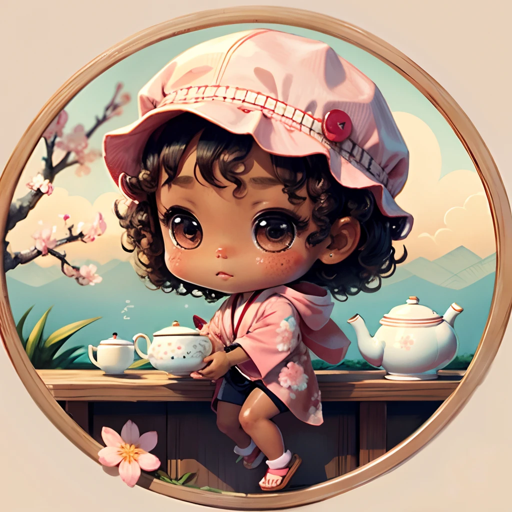 Cute brown skinned baby chibi anime, with freckles,white and pink kimono, in a teapot, drink tea, curly black hair, in a frame, full body, wear sandals, swim in a teapot, cherry blossom