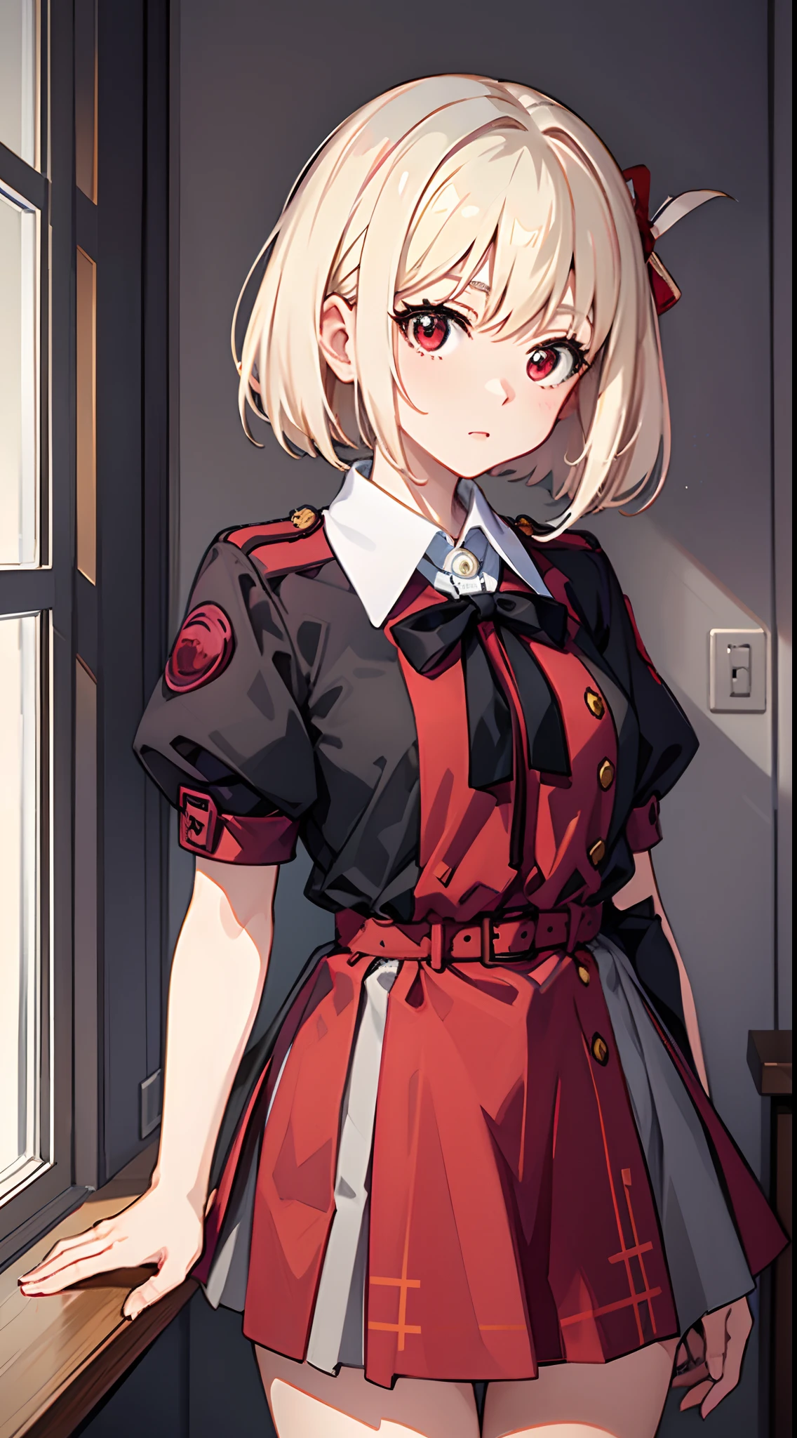 tmasterpiece, top-quality, Li Jinqian、Platinum blonde hair、Anime girl with red eyes,bob-cut,Anime visuals of cute girls,Smooth anime、An anime girl、Big high school girl、Check the uniform、longer sleeves, Plaid dress