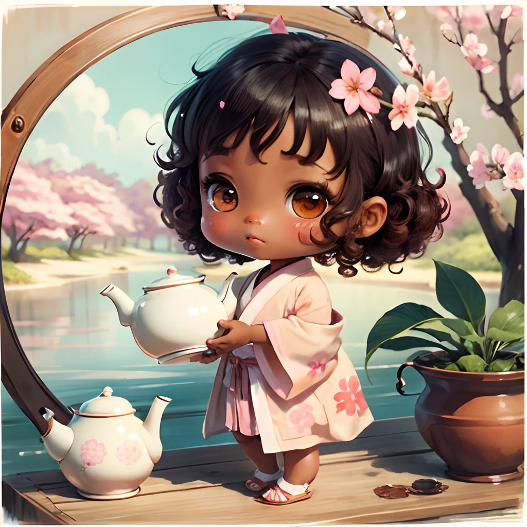 Cute brown skinned baby chibi anime, with freckles,white and pink kimono, in a teapot, drink tea, curly black hair, in a frame, full body, wear sandals, swim in a teapot, cherry blossom
