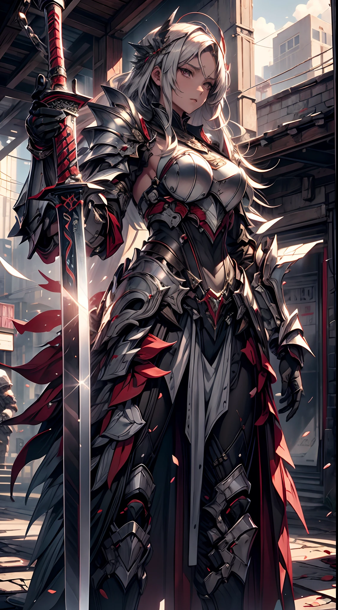 (a teenager male knight in cracked sliver armor), handsome, ((he raise a sword that gleaming with shine)), a shield on his hand,a giant fantasy gate church behind him, light from the sky, BREAK silver hair, black hair, gradient hair, full body,chiaroscuro, cinematic lighting, god rays, ray tracing, reflection light, ((close-up)), BREAK,Detailed,Realistic,4k highly detailed digital art,octane render, bioluminescent, BREAK 8K resolution concept art, realism,by Mappa studios,masterpiece,best quality,official art,illustration,ligne claire,(cool_color),perfect composition,absurdres, fantasy,focused,rule of third