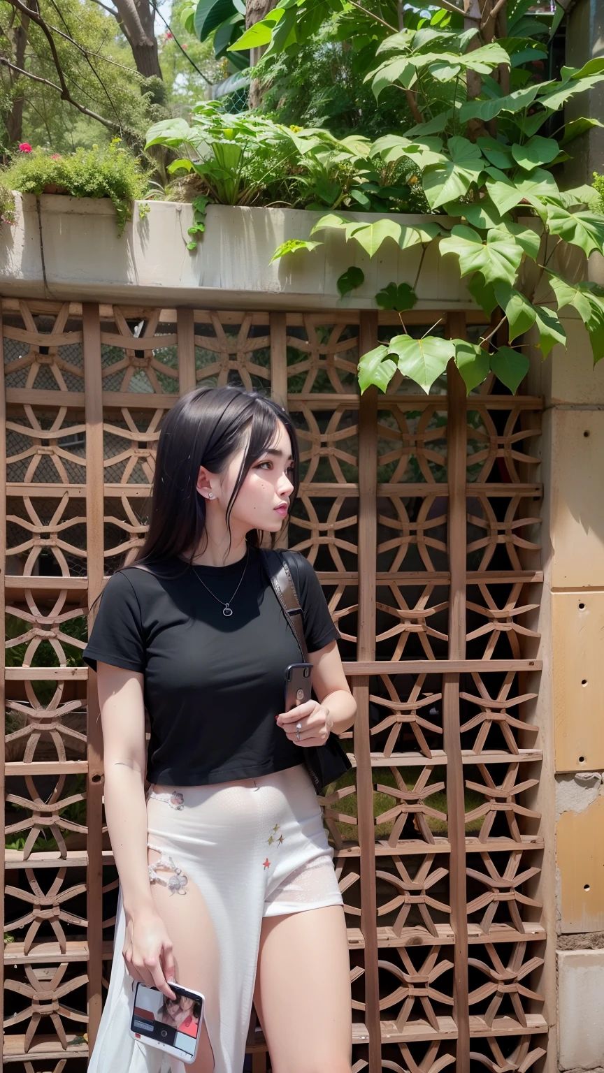 there is a woman standing in front of a gate with a cell phone, wearing a black t-shirt, wearing black tshirt, wearing a black tshirt, profile image, taken with sony alpha 9, mai anh tran, wearing black camisole outfit, black top, instagram post, wearing a black shirt, 🦩🪐🐞👩🏻🦳