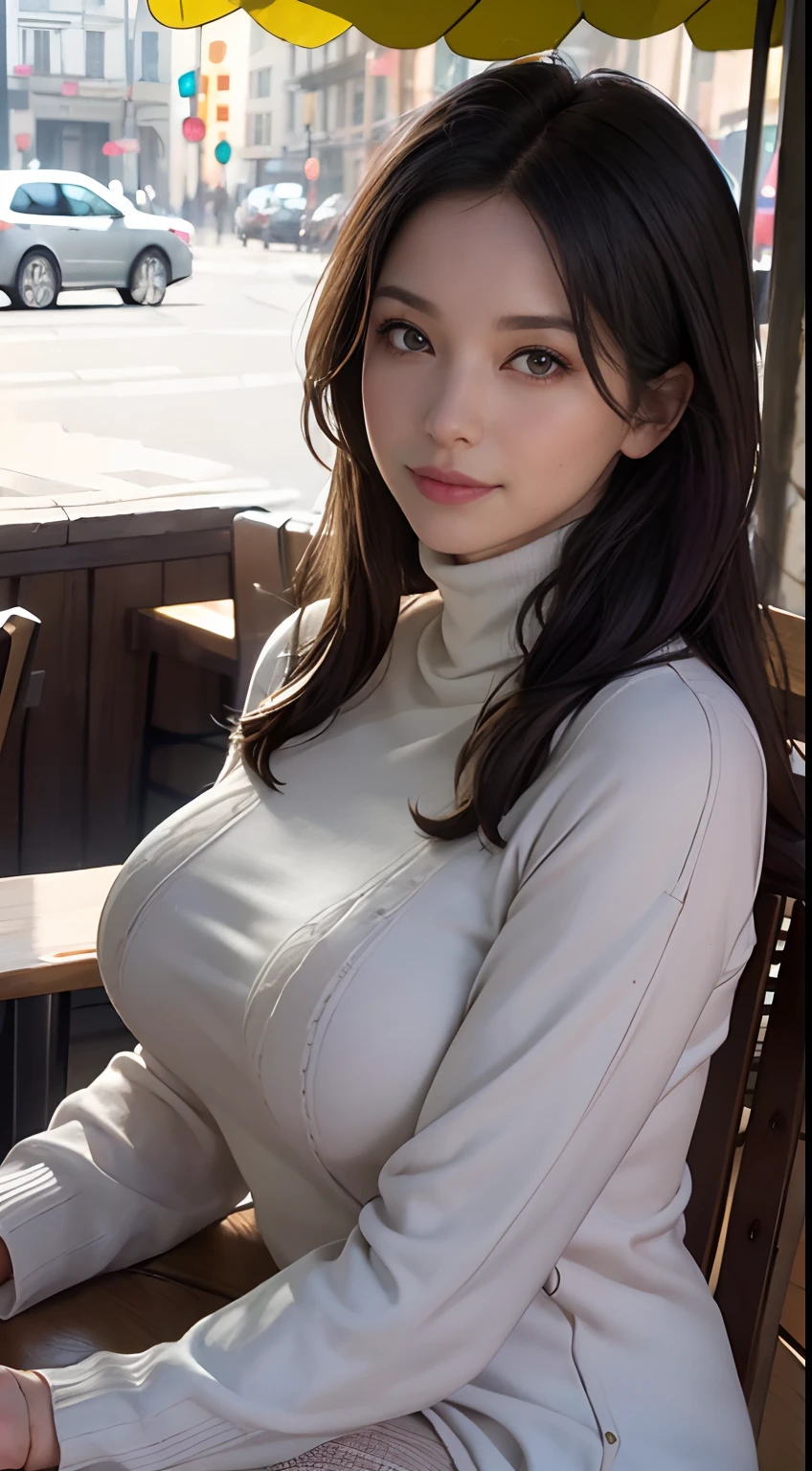 ((A mature woman sits in front of a café)),((turtleneck shirts:1.3)). 40k, Photography, Masterpiece, Best quality, dark grey background, ((Mature women, Wife, Mom, A MILF)), ((A plump chest)), Perfect face, perfect boobs, ((Breast-huge)), ((1 girl with brown eyes and gorgeous light black hair)). a Pretty Japanese woman，full soft breasts and white skin, ((very soft breasts)). Ultra-detailed face, Detailed eyes, Embarrassed, Smile, Summer, Daytime, (((Slave collar))), Half body, dated