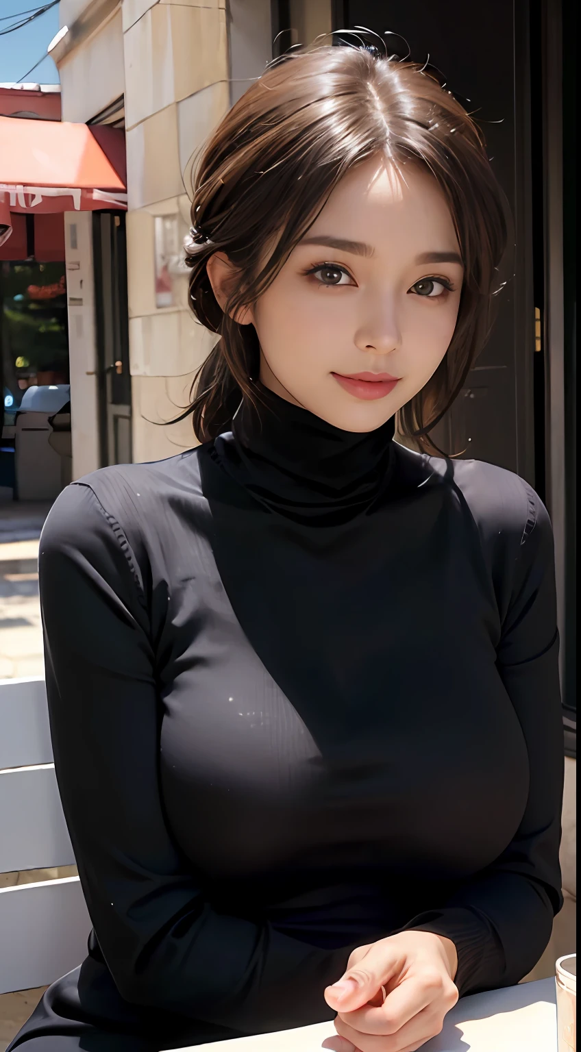 ((A mature woman sits in front of a café)),((turtleneck shirts:1.3)). 40k, Photography, Masterpiece, Best quality, dark grey background, ((Mature women, Wife, Mom, A MILF)), ((A plump chest)), Perfect face, perfect boobs, ((Breast-huge)), ((1 girl with brown eyes and gorgeous light black hair)). a Pretty Japanese woman,full soft breasts and white skin, ((very soft breasts)). Ultra-detailed face, Detailed eyes, Embarrassed, Smile, Summer, Daytime, (((Slave collar))), Half body, dated