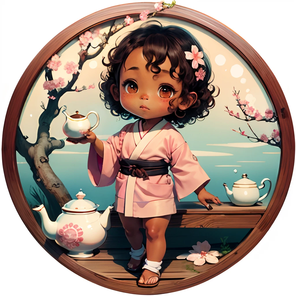 Cute brown skinned baby chibi anime, with freckles,white and pink kimono, in a teapot, drink tea, curly black hair, in a frame, full body, wear sandals, swim in a teapot, cherry blossom