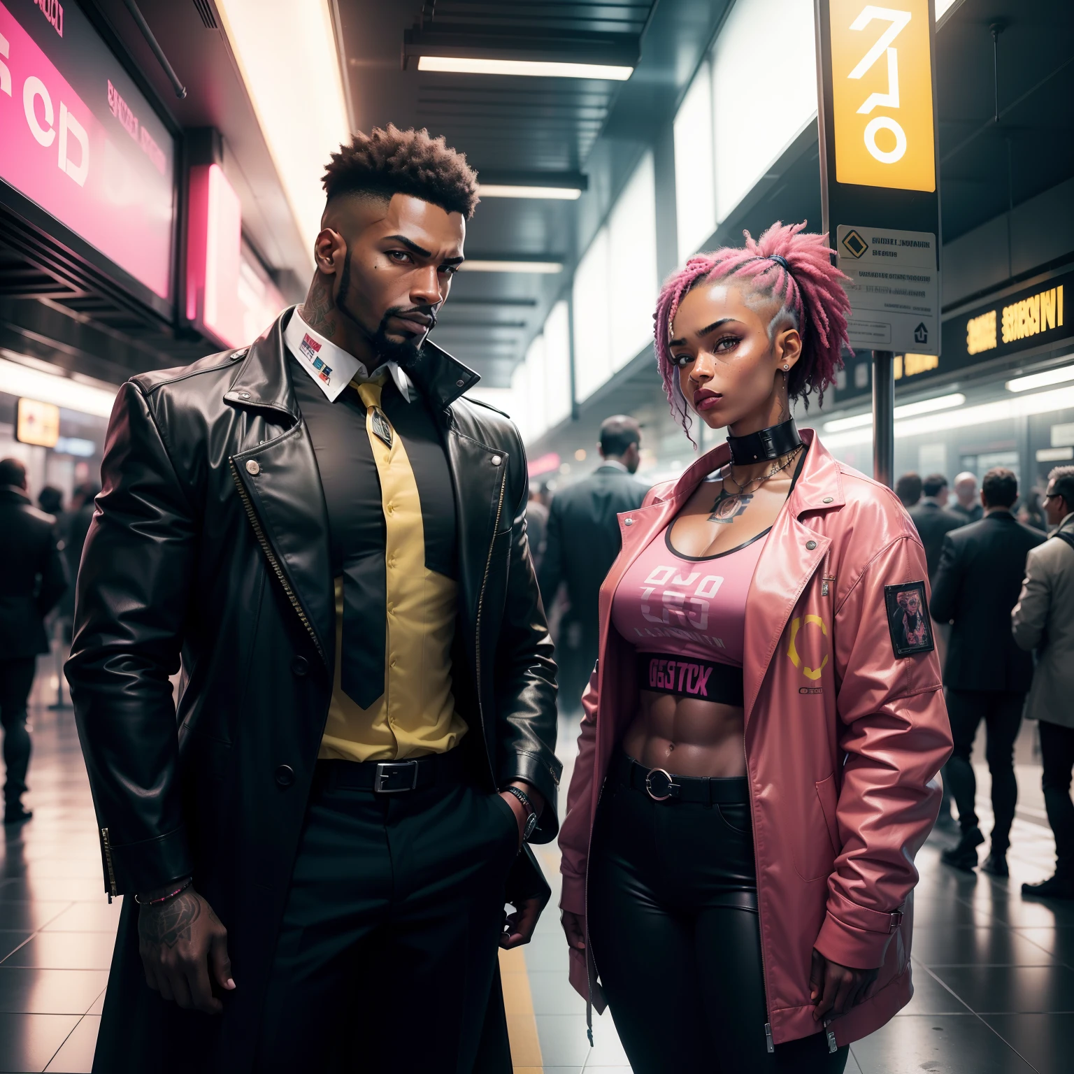 I'd like a cyberpunk style image in 4k average photo of two black characters ,30 anos de idade,,africano, forte, musculoso,Bodybillder,muito forte de pele negra ,barba grande,barba, Estiloso Barbon,com cabelo punk estilo anos 80 na cor amarelo e cinza escuro,muito eLegante,, futurista e estiloso neon , com uma tatuagem super colorida e com neon ,Toattoo, facing a metro station on the platform , with station lights failing in a dimly lit environment, standing dressed in a dark yellow suit with a pink bow tie and baggy shirt.