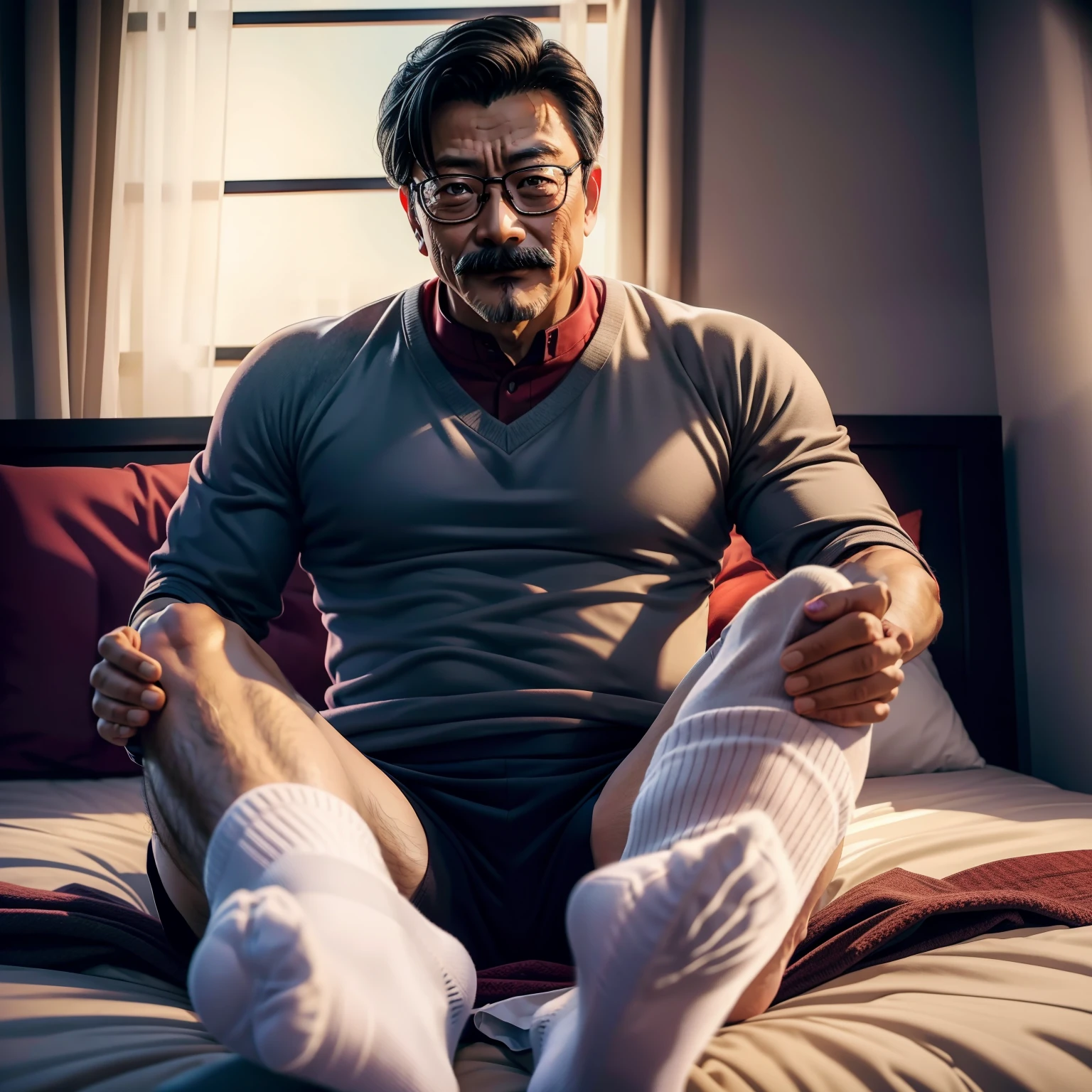 45 yers old，Kogoro Mouri，Tong，Bulge，onbed，black long socks，the feet，lbeard，fortitude，artwork of a，tmasterpiece，k hd，an look of enjoyment，Be red in the face