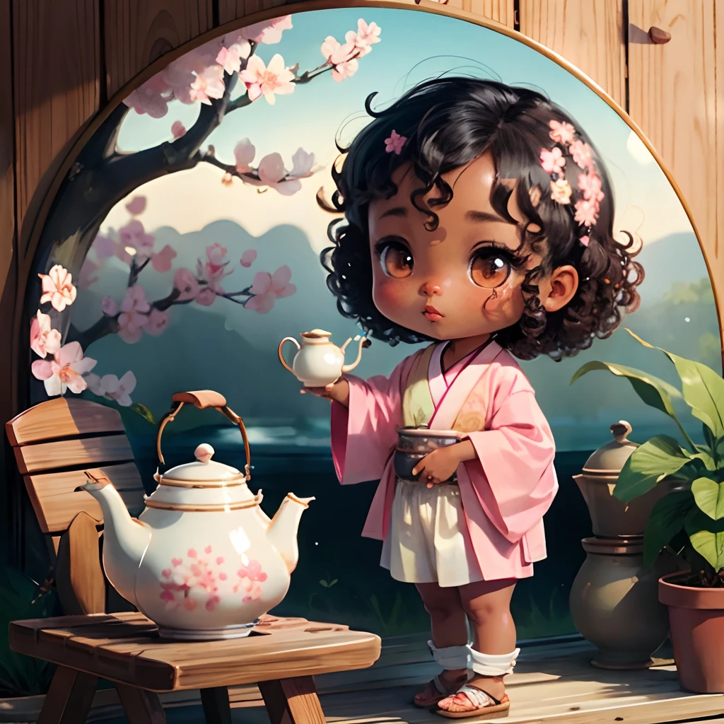 Cute brown skinned baby chibi anime, with freckles,white and pink kimono, in a teapot, drink tea, curly black hair, in a frame, full body, wear sandals, swim in a teapot, cherry blossom