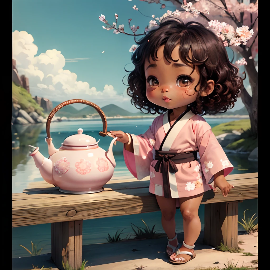 Cute brown skinned baby chibi anime, with freckles,white and pink kimono, in a teapot, drink tea, curly black hair, in a frame, full body, wear sandals, swim in a teapot, cherry blossom