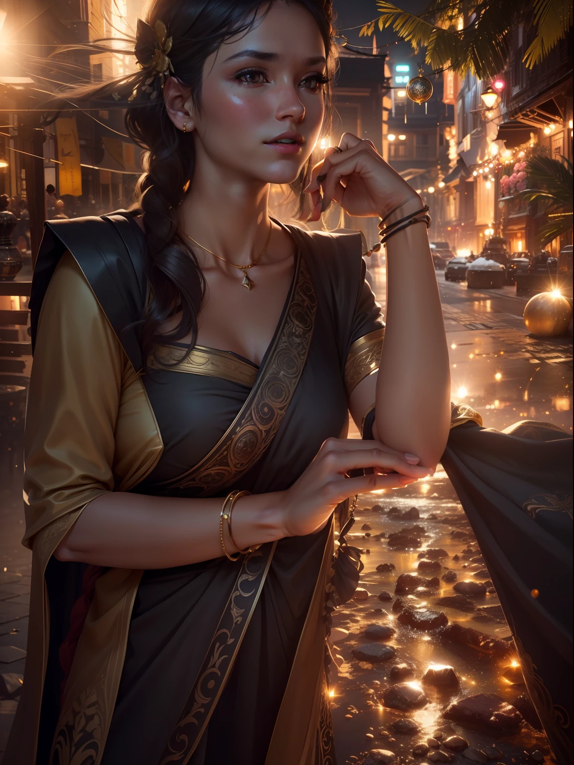 best quality, masterpiece, highres, 1girl,indan dress,hair ornament,necklace, jewelry,Beautiful face,upon_body, tyndall effect,photorealistic, dark studio, rim lighting, two tone lighting,(high detailed skin:1.2), 8k uhd, dslr, soft lighting, high quality, volumetric lighting, candid, Photograph, high resolution, 4k, 8k, Bokeh, hyper realistic face