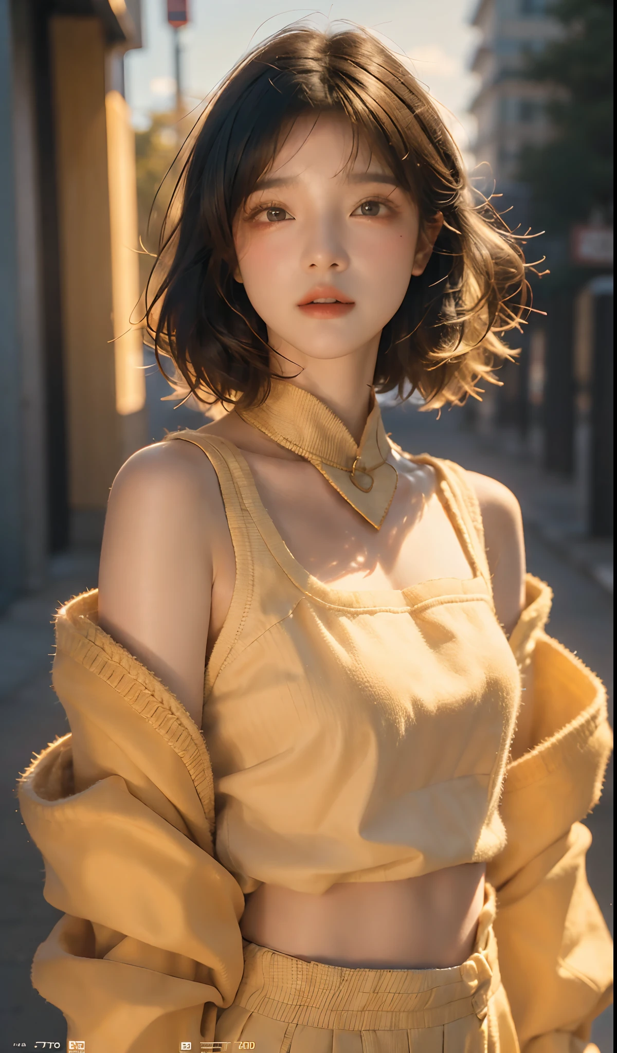 (masterpiece:1.3), (8k, photorealistic, RAW photo, best quality: 1.4), (1girl), beautiful face, (realistic face), (black hair, short hair:1.3), Nice hairstyle,photorealistic eye,Nice detail eyes,(Realistic skin),Beautiful skins,(Sweaters),absurd res,enticing,超高分辨率,Ultra photo realsisim,The is very detailed,the golden ratio,(MagazineCover:1.2),Trendy outfits,Expose shoulders,the street,sunlights