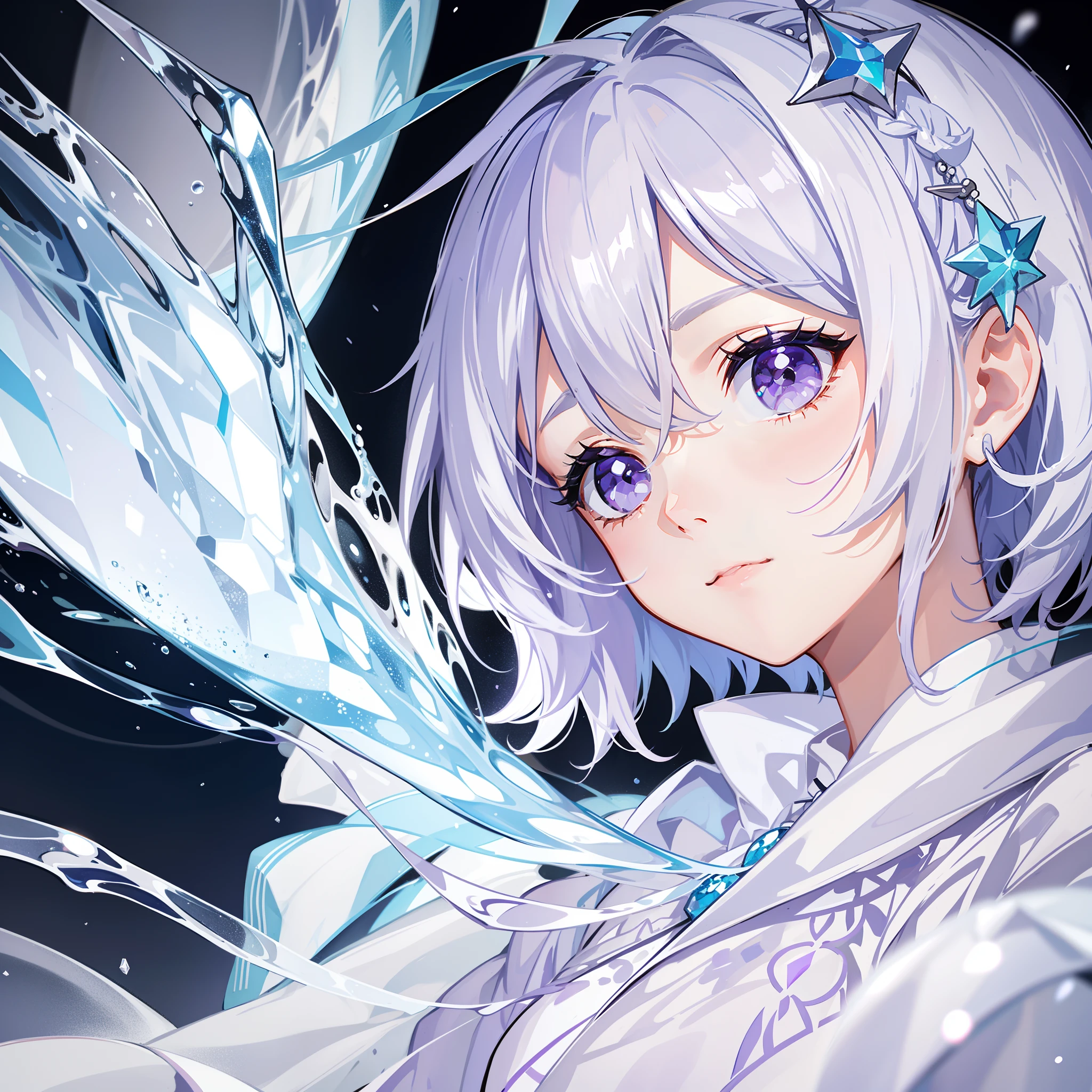 Short hair with ice crystal color and purple color，Eyes of the same color，Snow-white hair accessories，expressiveless，Broken hair curtain，Big eyes and expressionless wearing ice crystal colored clothes。chiquita