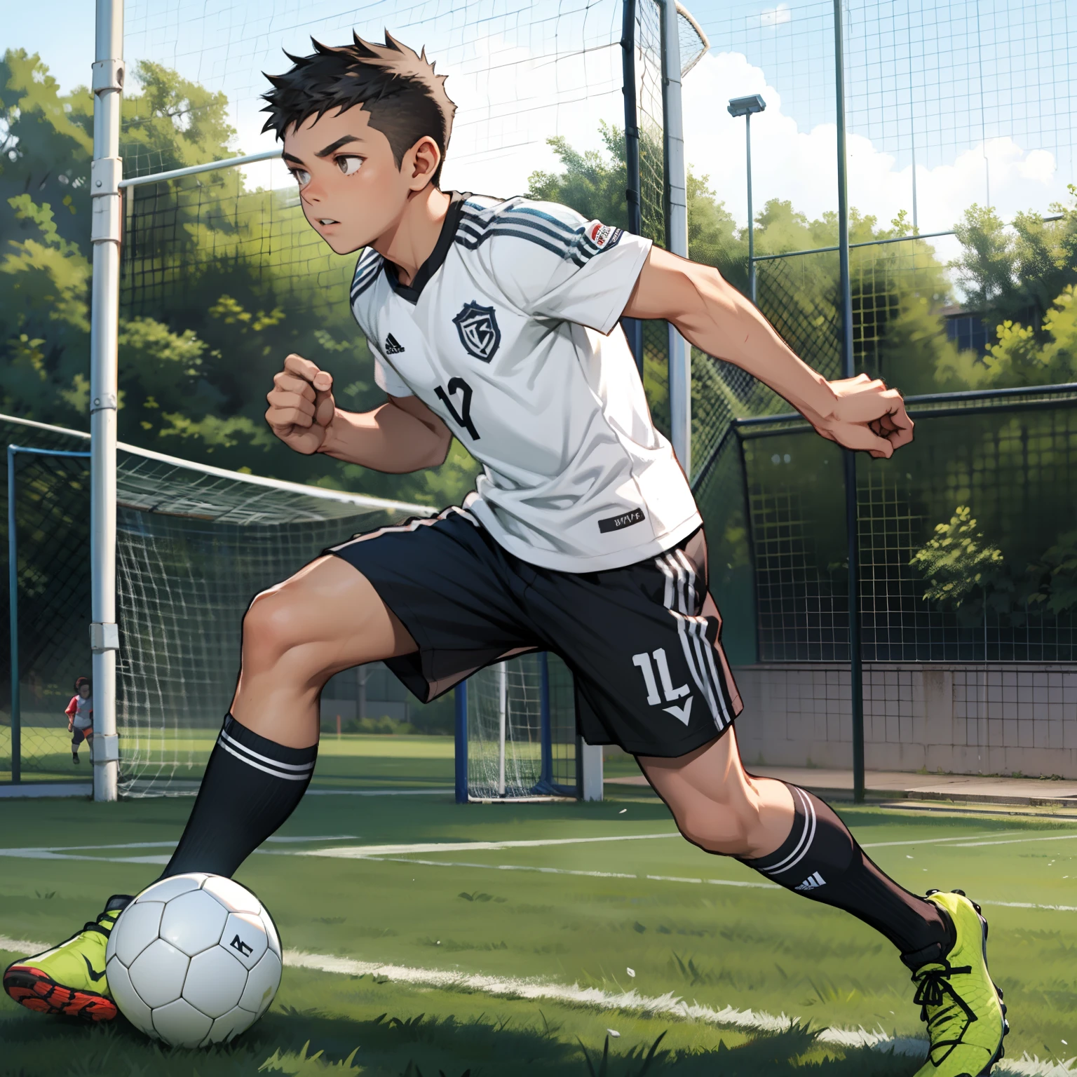 A boy is playing soccer,soccer court