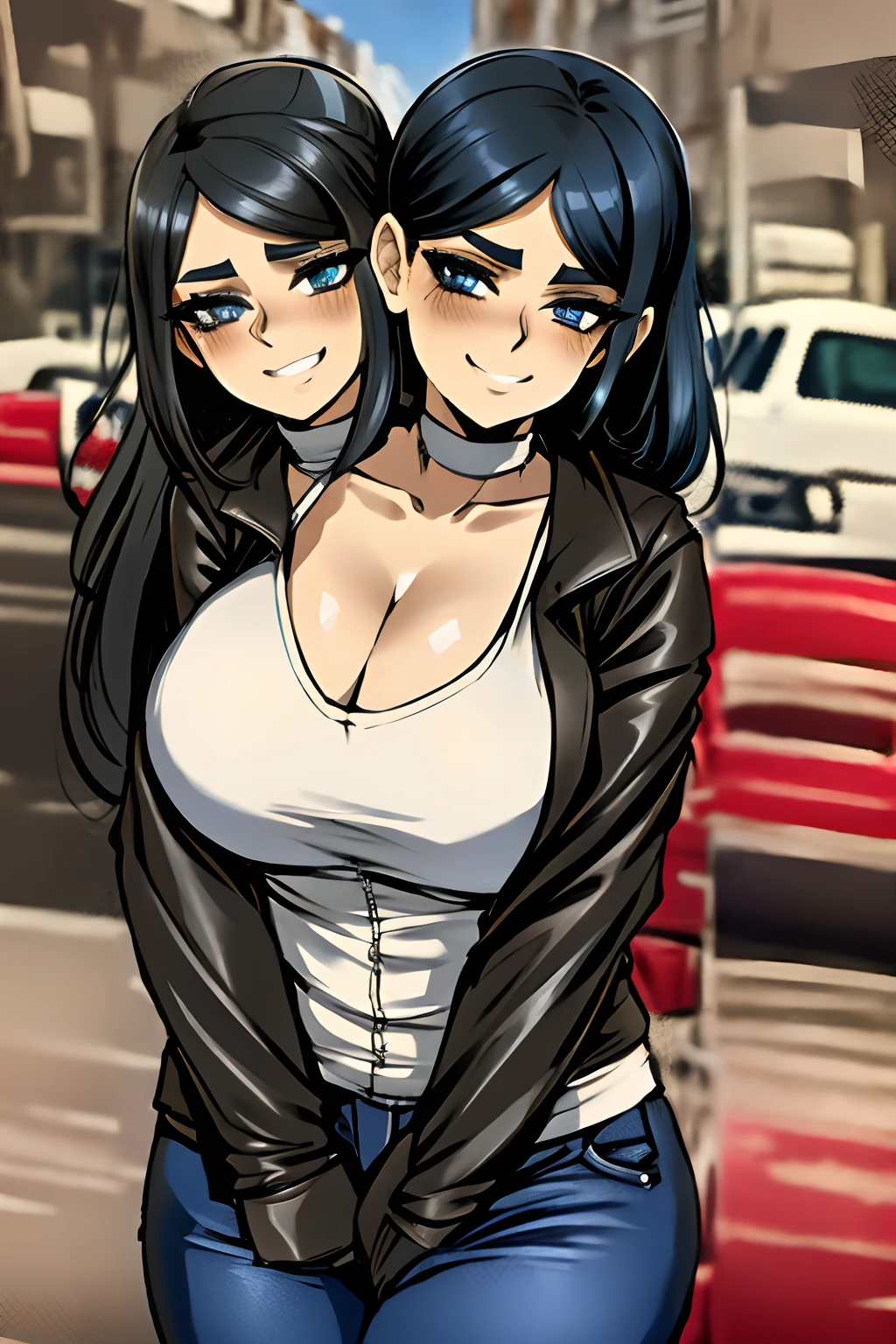 2heads, a very short fat woman with 2 heads. She has enormous breasts. She is outside in a parking lot. She is wearing a leather jacket and jeans. She looks smug. She has gigantic breasts. She is extremely short and fat. She has long black hair in a ponytail. She is blushing. She is happy. She has massive breasts.
