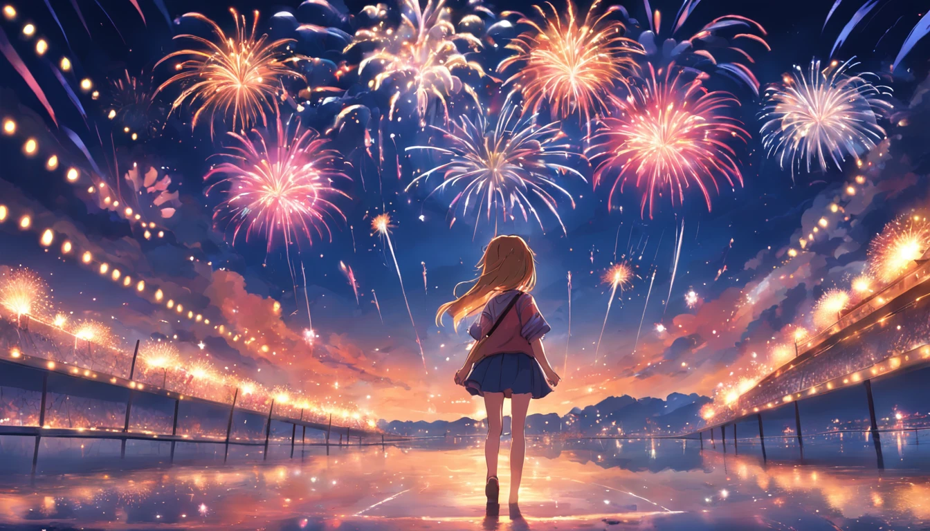 1girll，Fireworks in bloom，Colorful fireworks，fire works，daysies，Floating in the sky，brightly，cheerfulness，Warm and soft lighting，early evening，Blue，Shallow clouds，Bar cloud