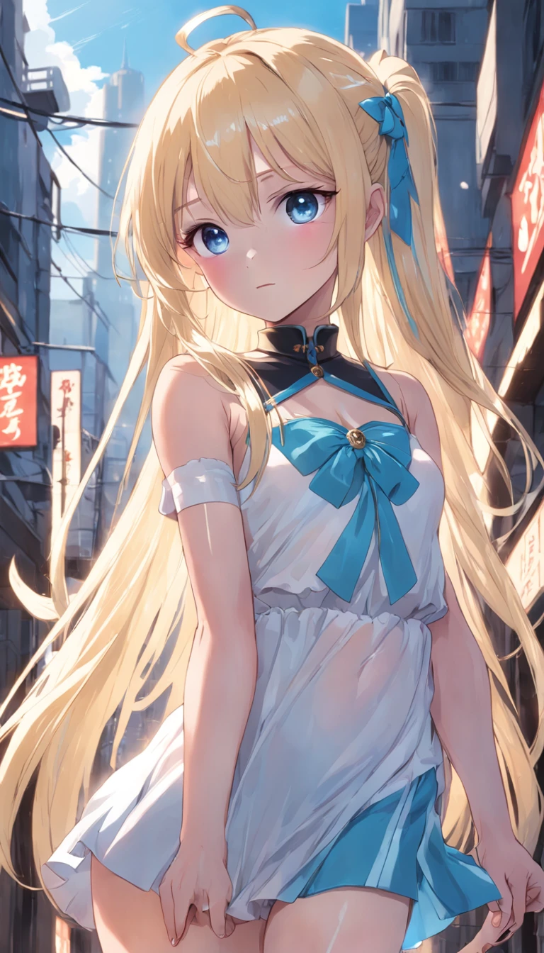 portlate、hi-school girl、poneyTail、Young shiny shiny white shiny skin、Best Looks、Blonde reflected light、Platinum blonde hair with dazzling highlights、shiny light hair,、Super long silky straight hair、Beautiful bangs that shine、Glowing crystal clear attractive big blue eyes、Very beautiful nice cute  girl、full bodyesbian、Skin、Beautiful breasts、teats、Ministry of Kinter、thigh