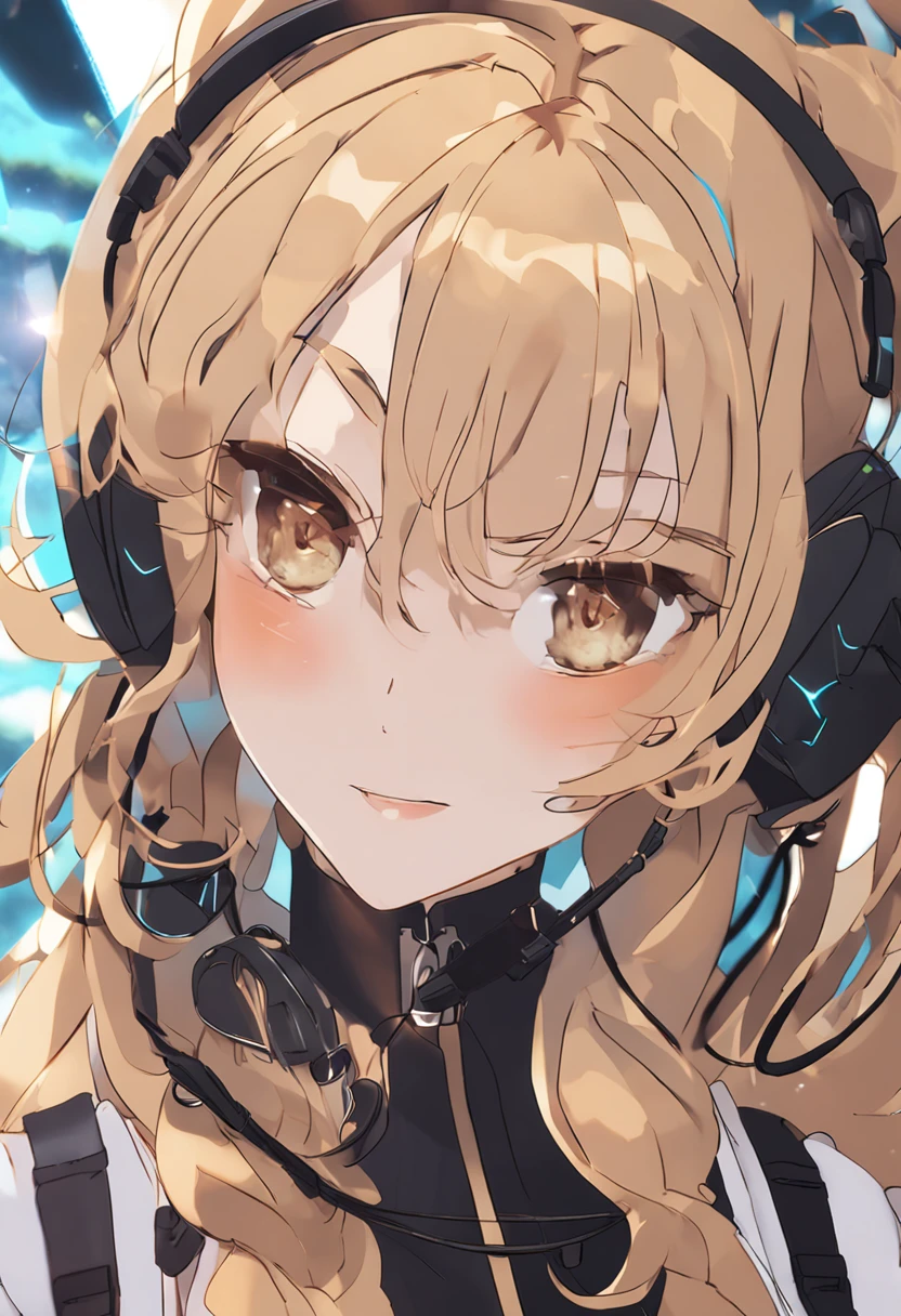 blonde hair, brown hair, braided ponytail, bangs, asymmetrical hair, side drill, hairpin, rimless eyewear, hair beads, aqua eyes, crystal earrings, cat ear headphones, fingersmile, Neoclassicism, Op art, god rays, ray tracing, partially underwater shot, atmospheric perspective, 35mm, UHD, retina, textured skin, highres, 16k