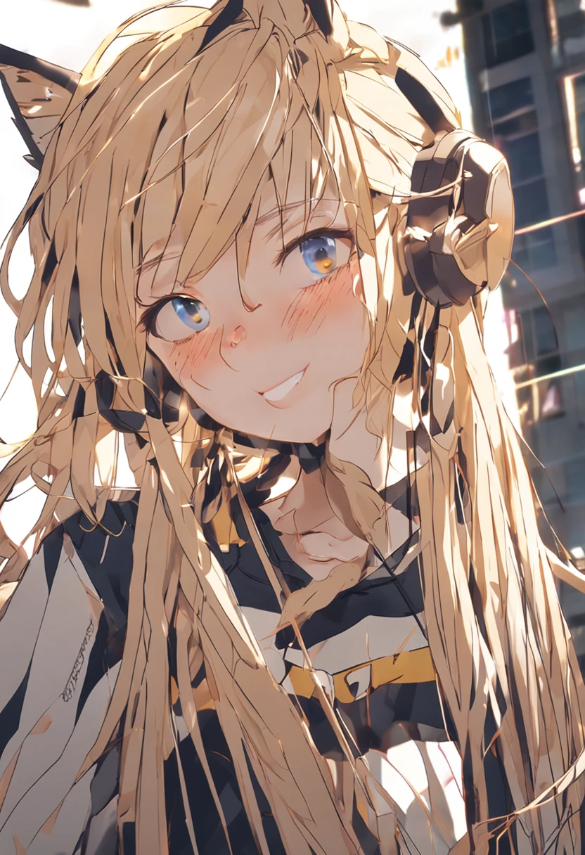 blonde hair, brown hair, braided ponytail, bangs, asymmetrical hair, side drill, hairpin, rimless eyewear, hair beads, aqua eyes, crystal earrings, cat ear headphones, fingersmile, Neoclassicism, Op art, god rays, ray tracing, partially underwater shot, atmospheric perspective, 35mm, UHD, retina, textured skin, highres, 16k