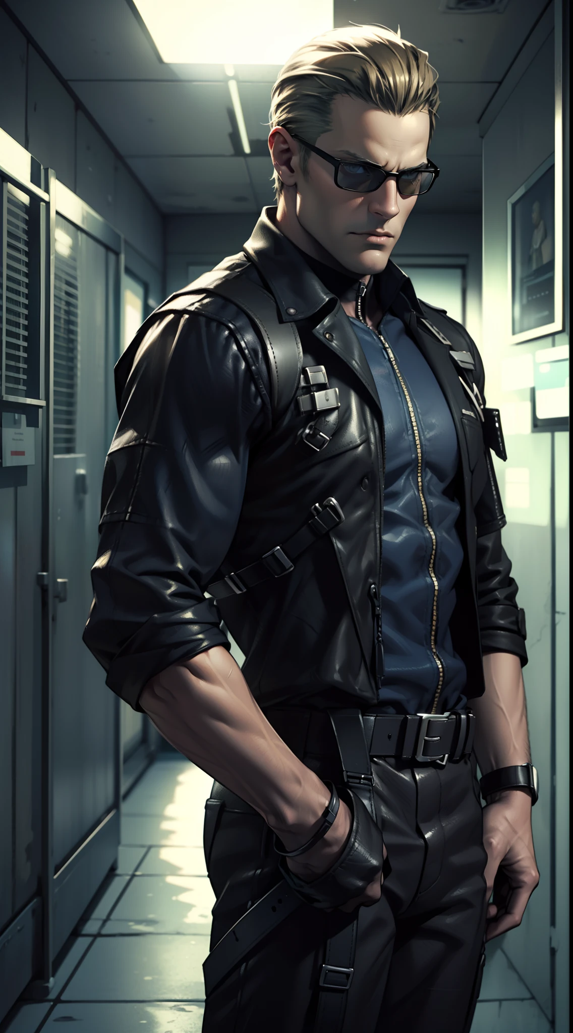 1 man, solo, Albert Wesker (Resident Evil 4 remake), lean muscle male, really tall, wearing a dark blue shirt, brown leather shoulder holster, wearing elegant sunglasses, grey trousers, viewer looking, straight posture, cold face, middle aged, standing in a white hallway, night time, high quality, solo, single male, male focus, upper body shot, best quality, high resolution:1.5, masterpiece