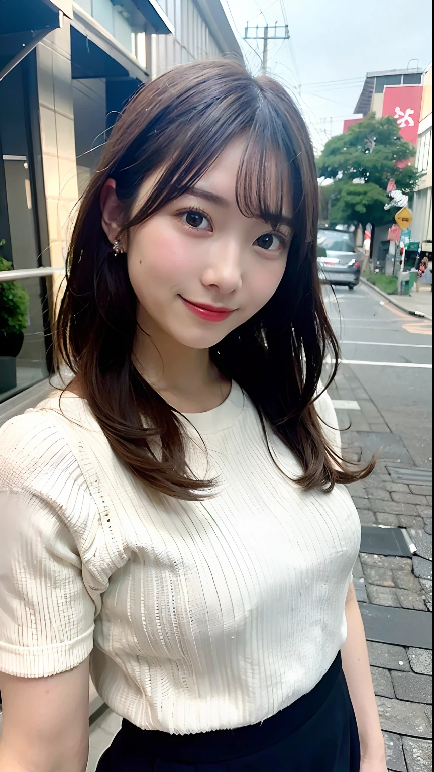 Ultra HD, Natural brightness, young beautiful girl in Japan, beautiful girl, smile, looking at the camera, Upper Body, Straight Long Hair, Windblown Hair, Shopping mall, Dress neatly, Big Breasts, Beautiful skin quality,