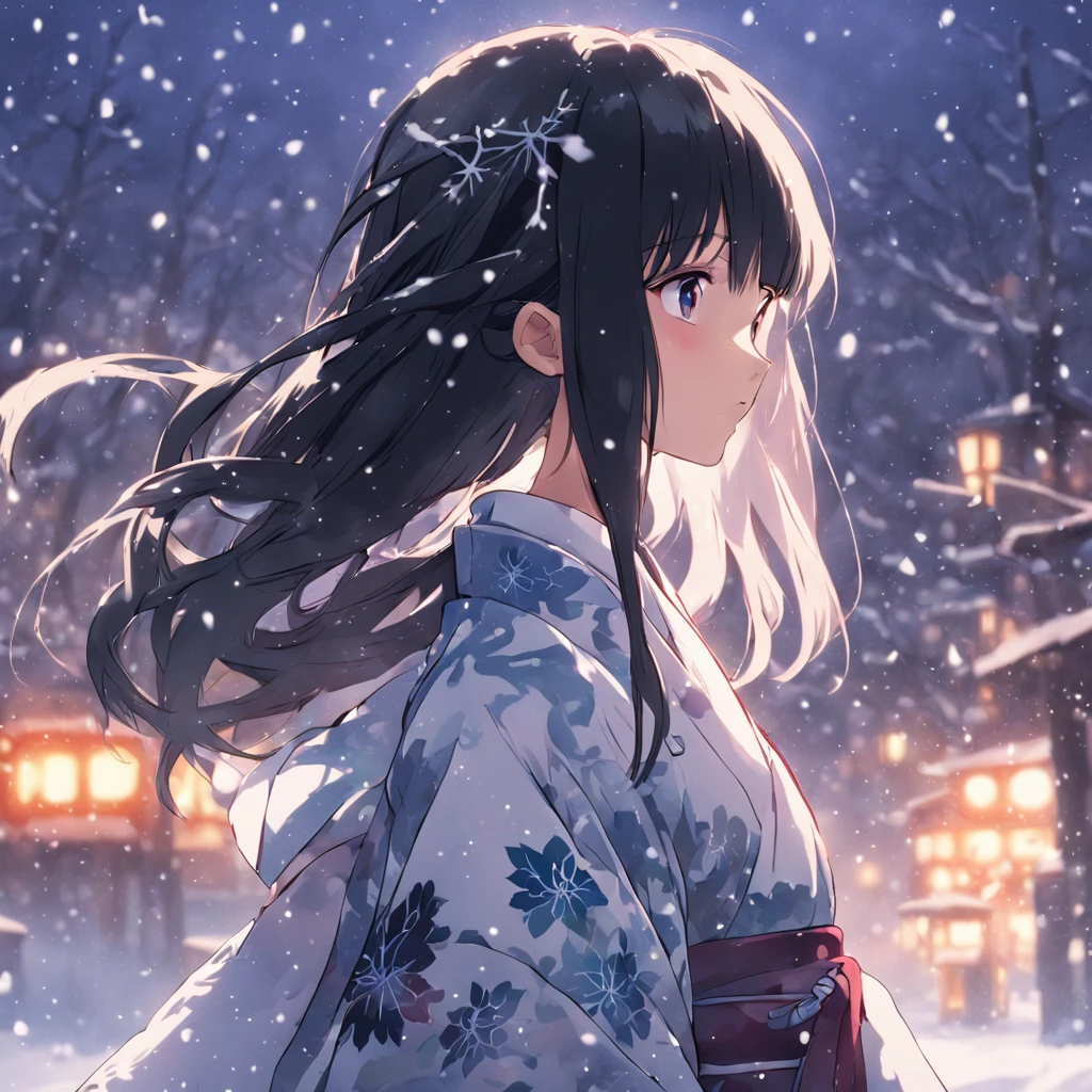 A beautiful woman with long black hair and a snow hair ornament and a yukata stands in the snow