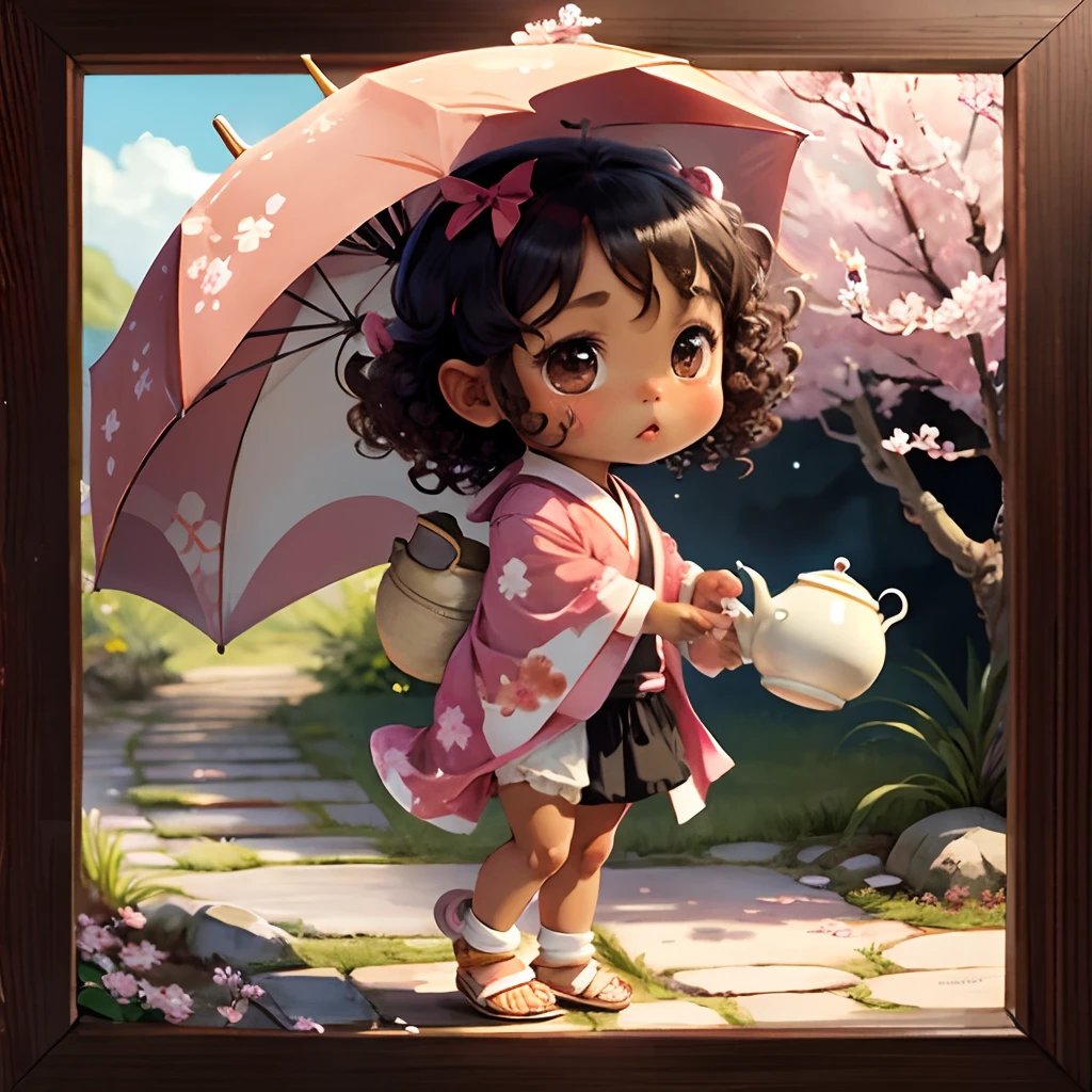Cute brown skinned chibi anime, with freckles,white and pink kimono, in a teapot, drink tea, curly black hair, in a frame, full body, wear sandals, swim in a teapot, cherry blossom